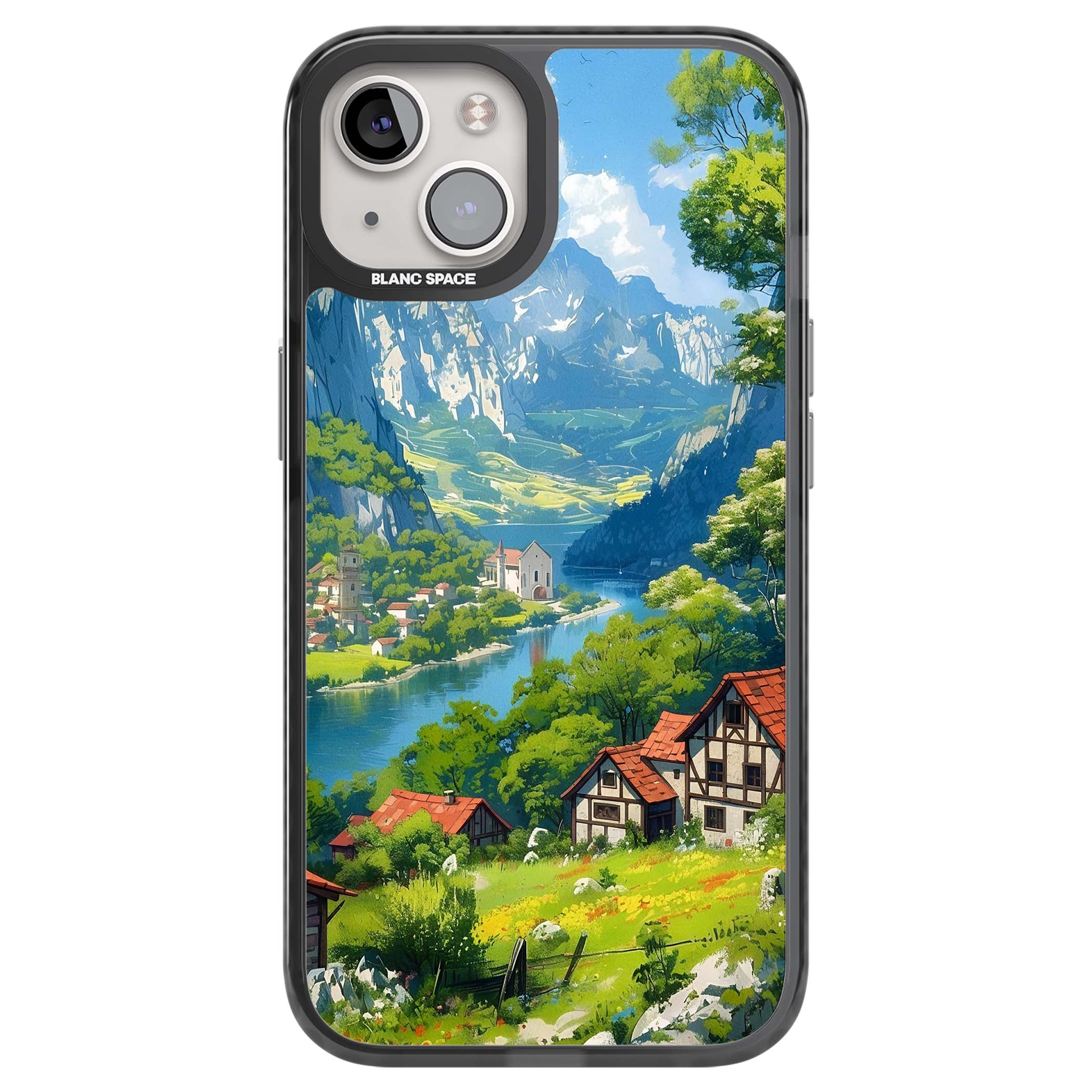 Village In The Valley anime iPhone case featuring a painted mountain village, river valley and half-timbered cottages. | Black Impact Magsafe case for iPhone 13, iPhone 14, iPhone 15