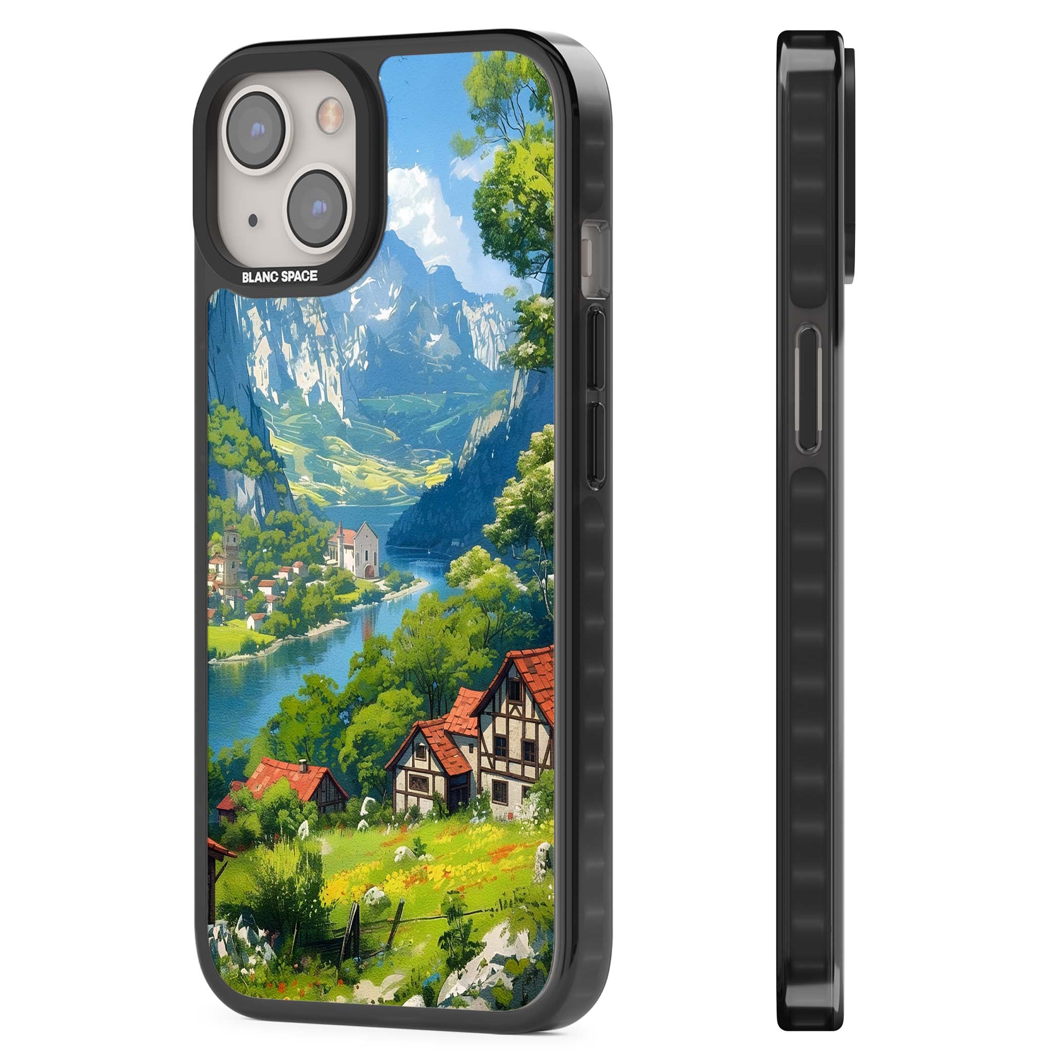 Village In The Valley anime iPhone case featuring a painted mountain village, river valley and half-timbered cottages. | Black Impact Magsafe case for iPhone 13, iPhone 14, iPhone 15