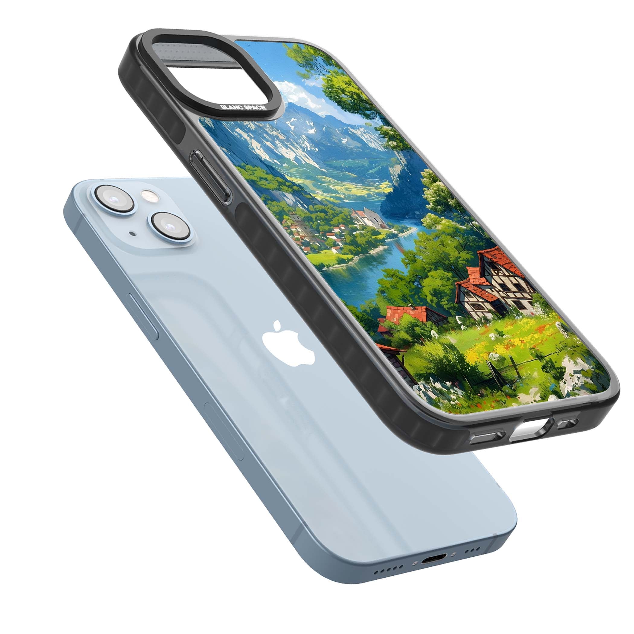 Village In The Valley anime iPhone case featuring a painted mountain village, river valley and half-timbered cottages. | Black Impact Magsafe case for iPhone 13, iPhone 14, iPhone 15