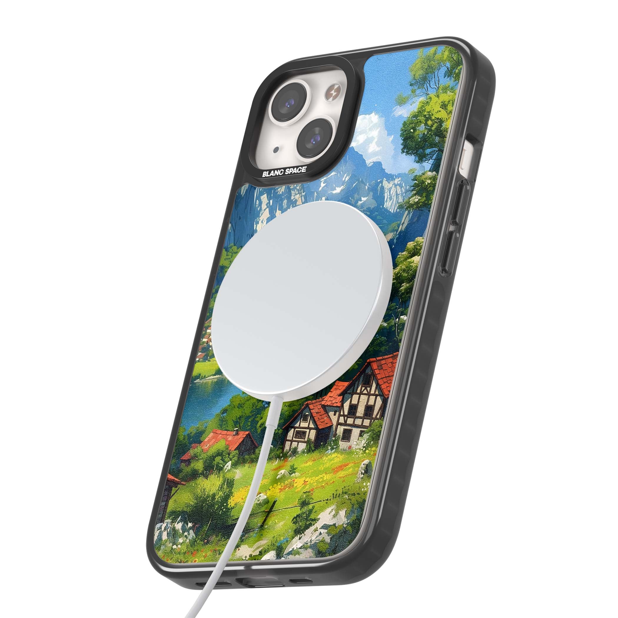 Village In The Valley anime iPhone case featuring a painted mountain village, river valley and half-timbered cottages. | Black Impact Magsafe case for iPhone 13, iPhone 14, iPhone 15