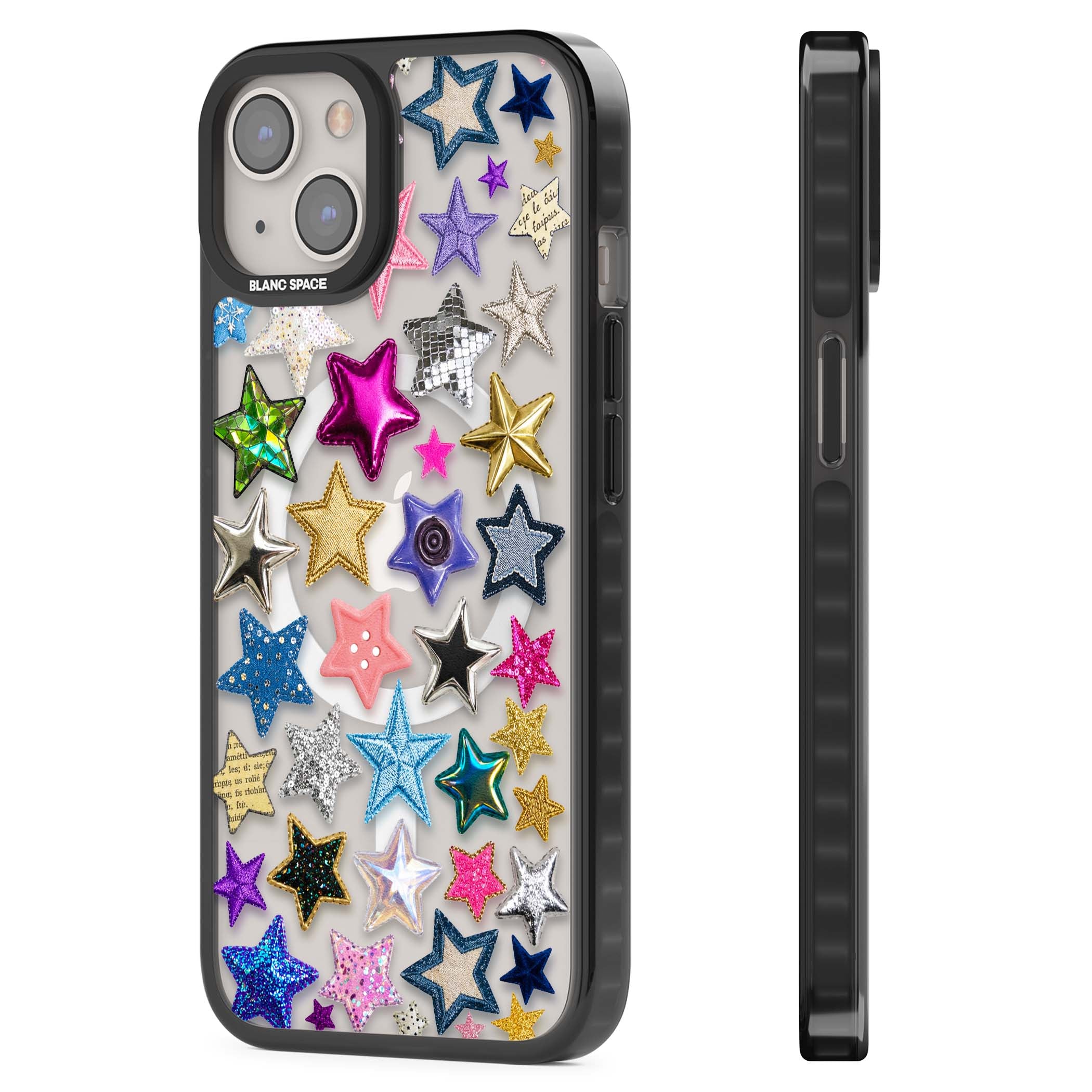 Crafty Star Mix Y2K iPhone case featuring embroidered, sequinned and glitter star patches in rainbow colours | Black Impact Magsafe case for iPhone 13, iPhone 14, iPhone 15