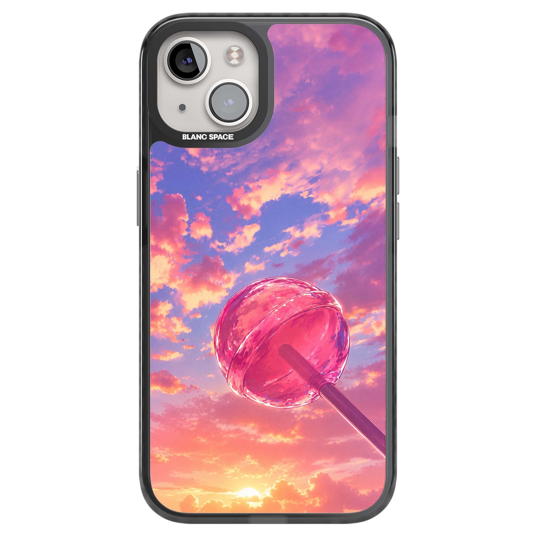 Sugar Sunset candy aesthetic iPhone case featuring a pink lollipop, pastel sunset sky and dreamy clouds | Black Impact Magsafe case for iPhone 13, iPhone 14, iPhone 15