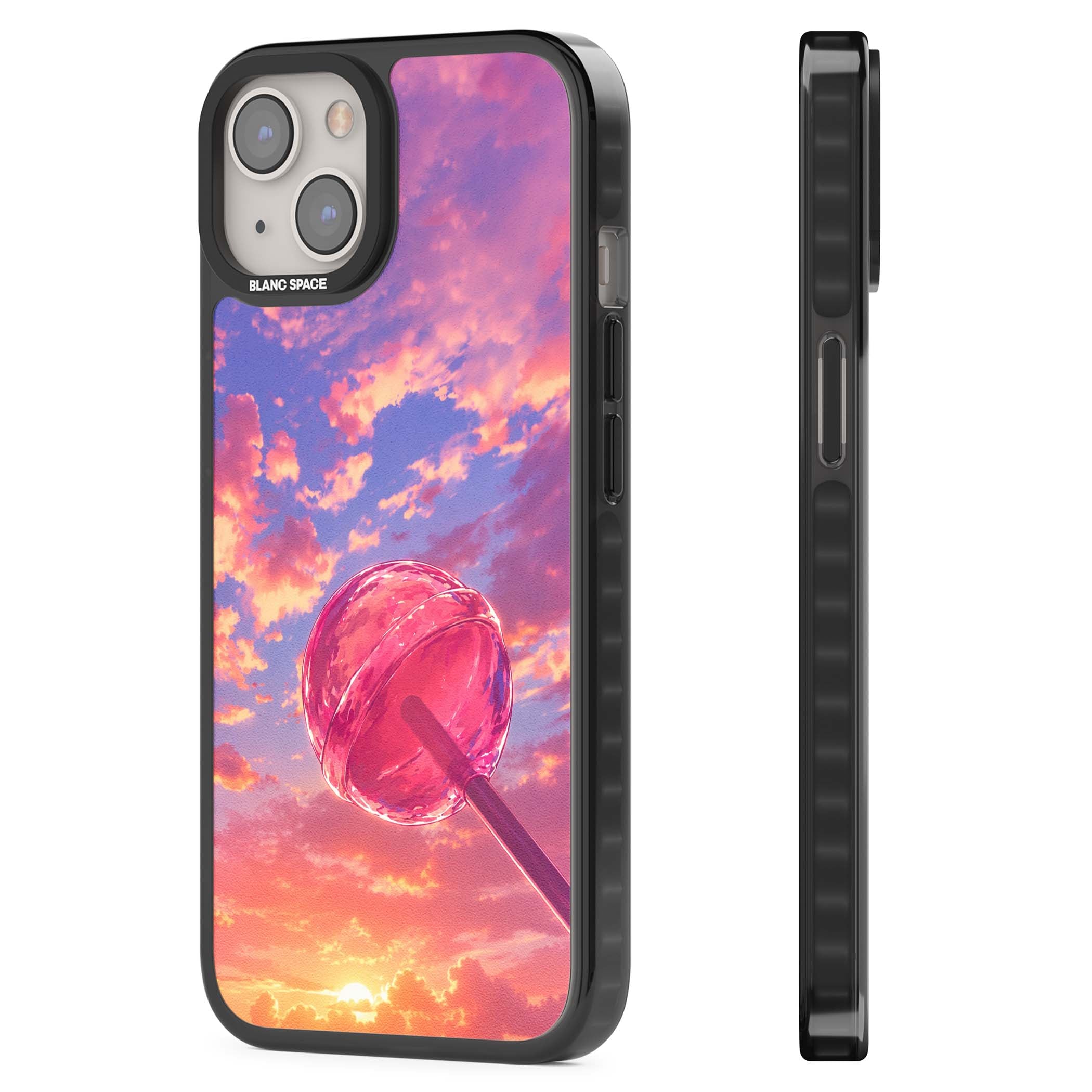 Sugar Sunset candy aesthetic iPhone case featuring a pink lollipop, pastel sunset sky and dreamy clouds | Black Impact Magsafe case for iPhone 13, iPhone 14, iPhone 15