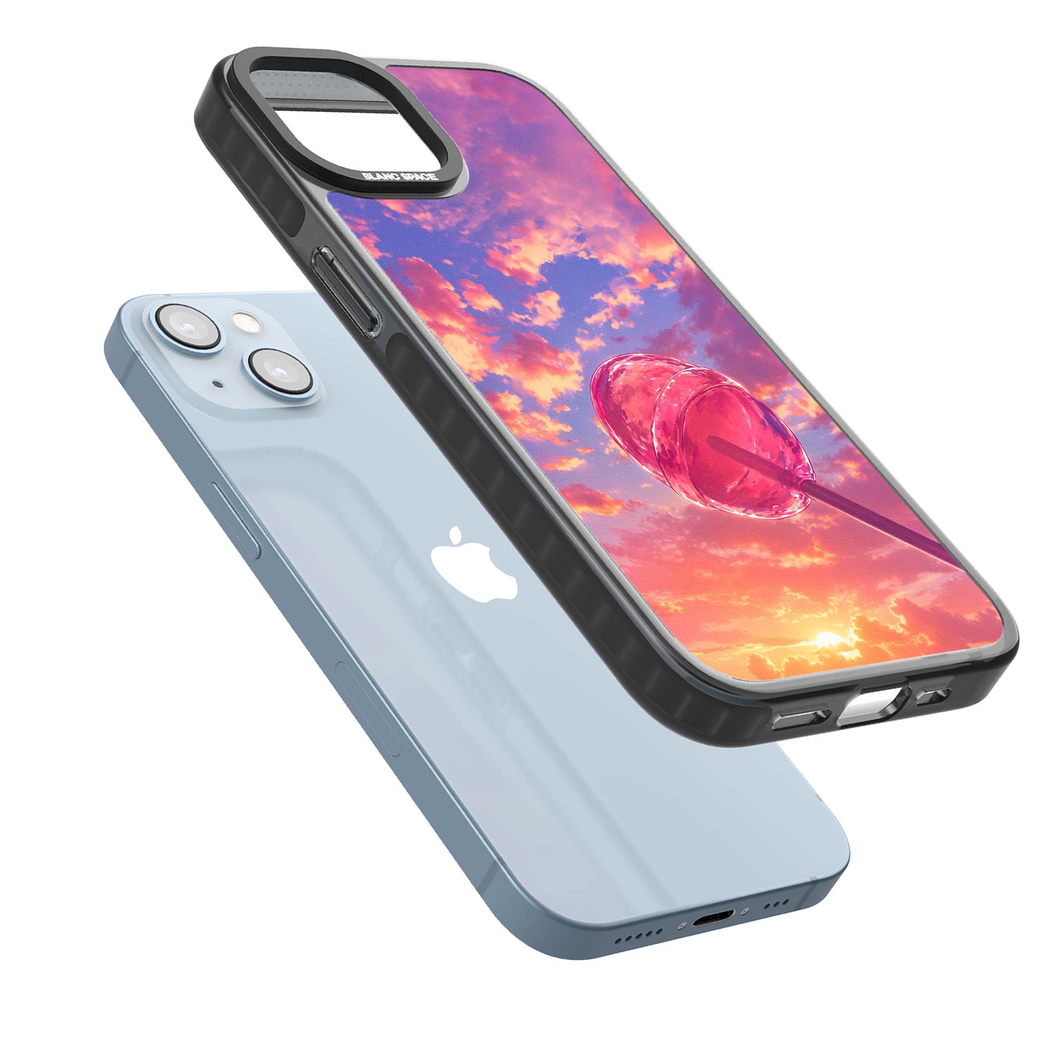 Sugar Sunset candy aesthetic iPhone case featuring a pink lollipop, pastel sunset sky and dreamy clouds | Black Impact Magsafe case for iPhone 13, iPhone 14, iPhone 15