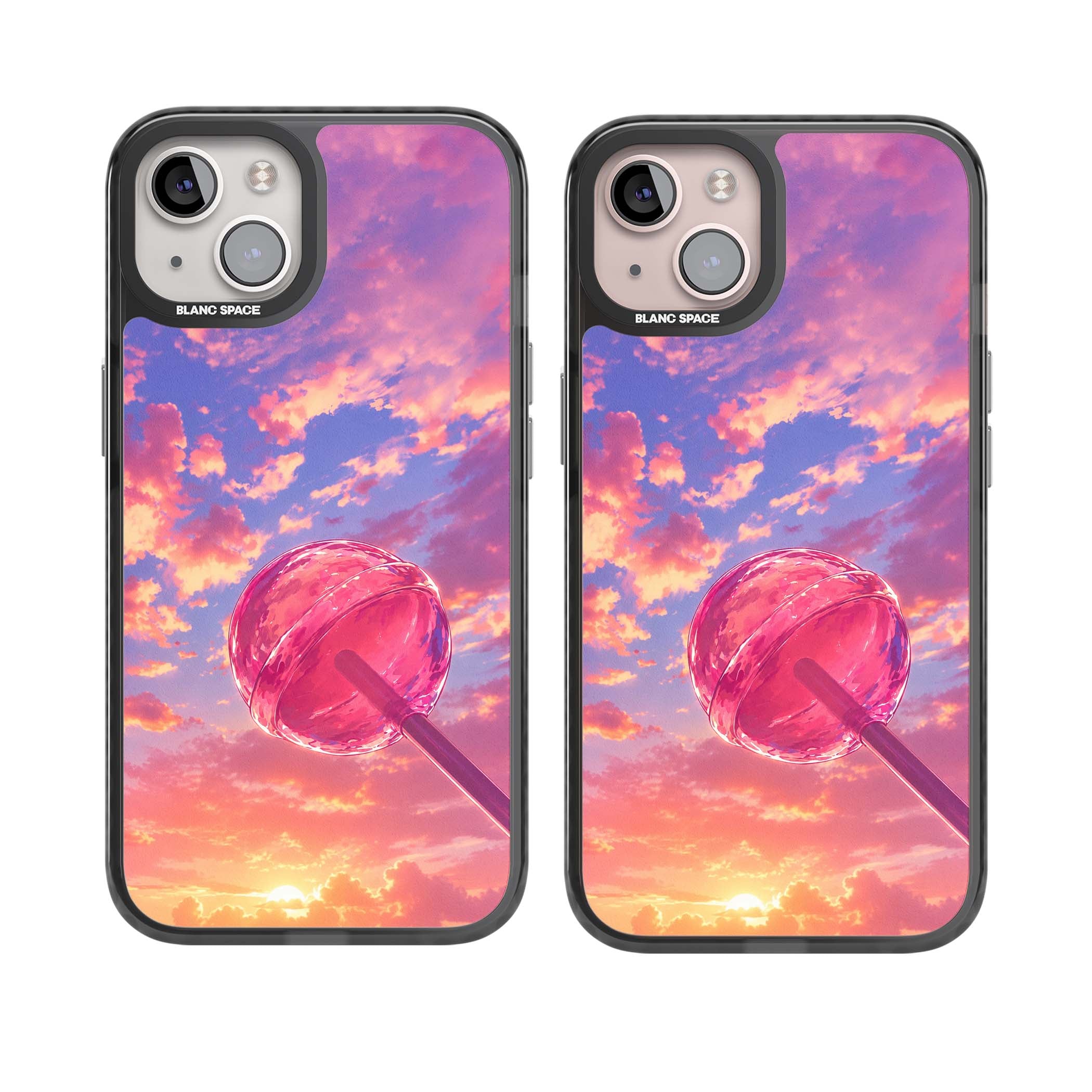 Sugar Sunset candy aesthetic iPhone case featuring a pink lollipop, pastel sunset sky and dreamy clouds | Black Impact Magsafe case for iPhone 13, iPhone 14, iPhone 15