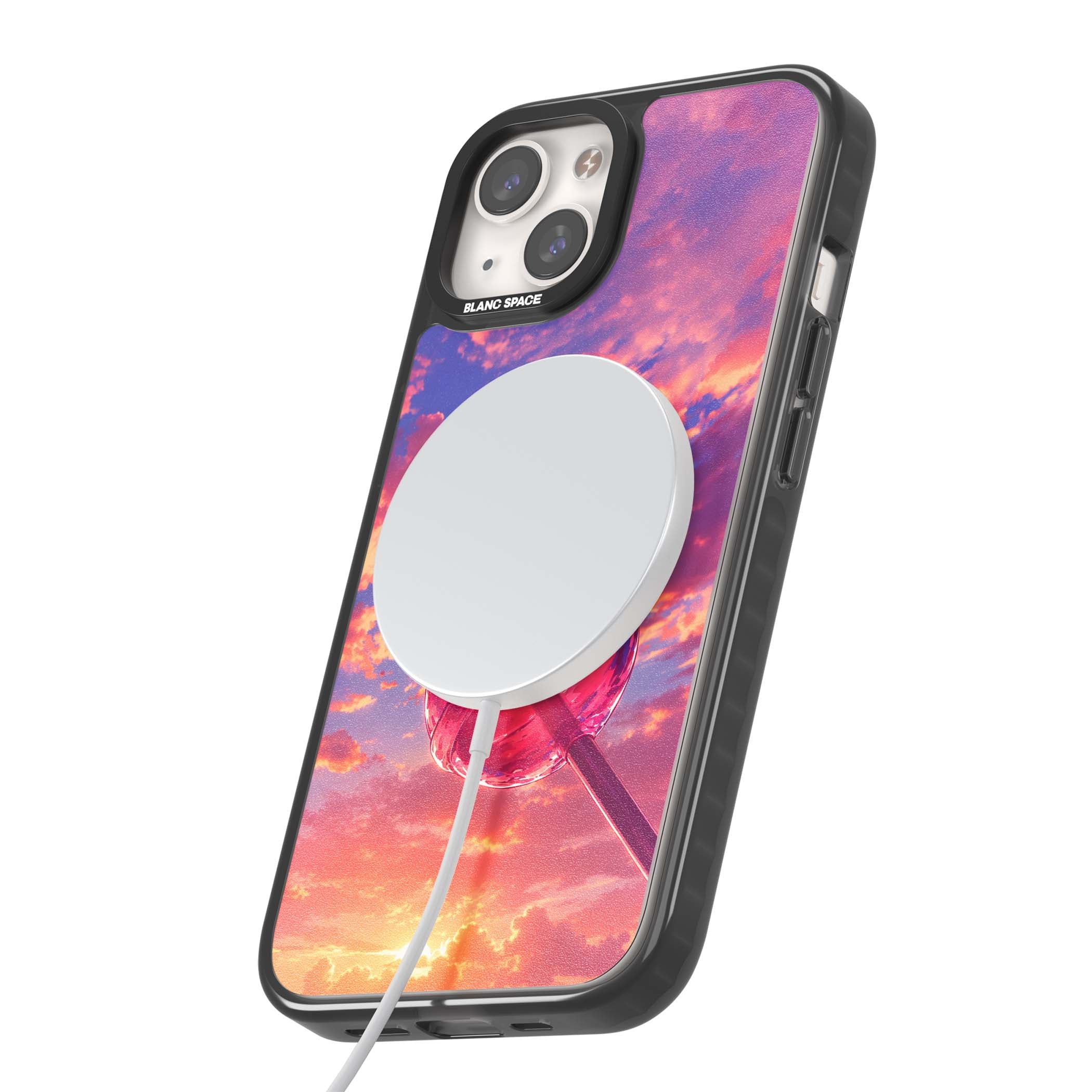 Sugar Sunset candy aesthetic iPhone case featuring a pink lollipop, pastel sunset sky and dreamy clouds | Black Impact Magsafe case for iPhone 13, iPhone 14, iPhone 15