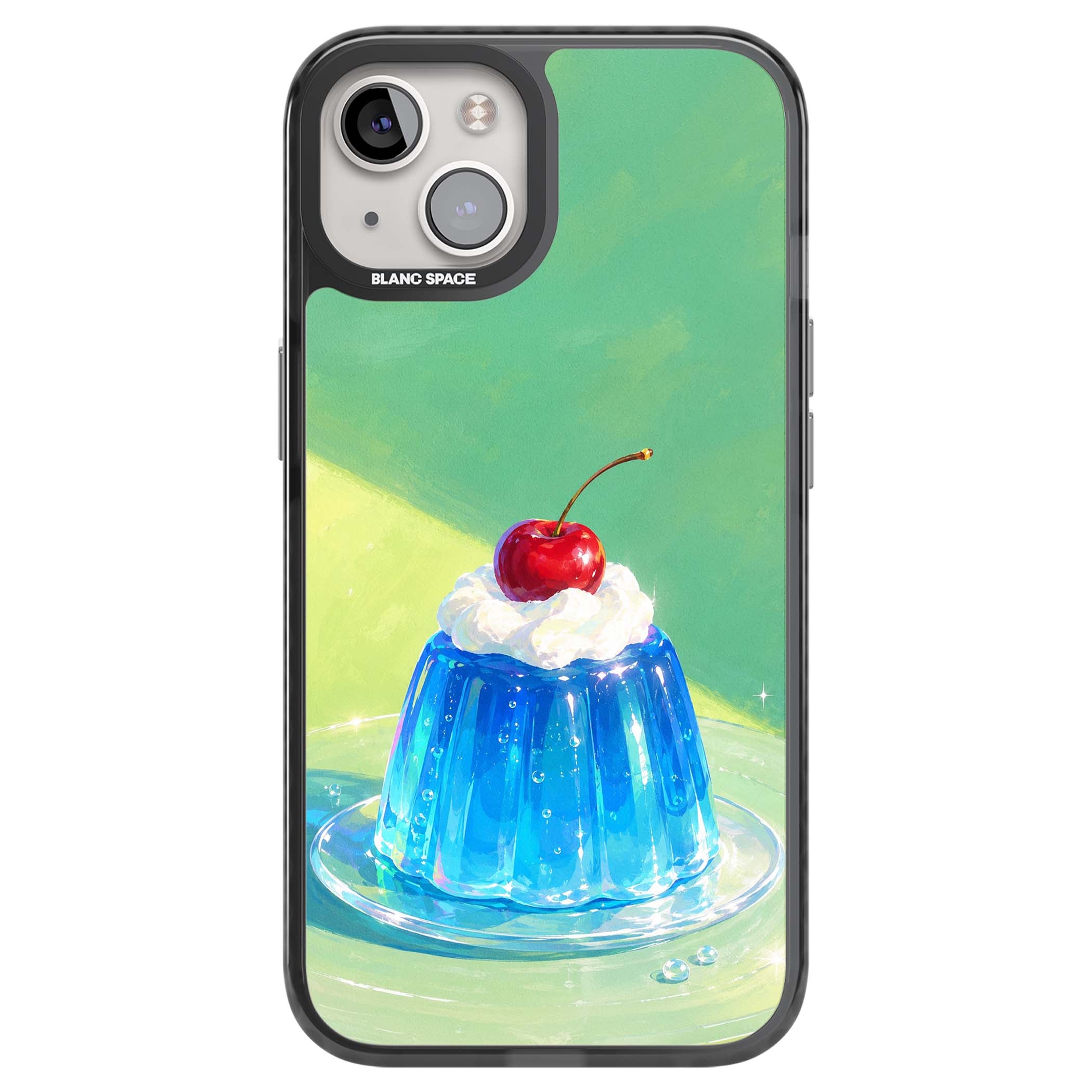 Cherry Jelly kawaii dessert iPhone case featuring blue jelly pudding, whipped cream and a red cherry | Black Impact Magsafe case for iPhone 13, iPhone 14, iPhone 15