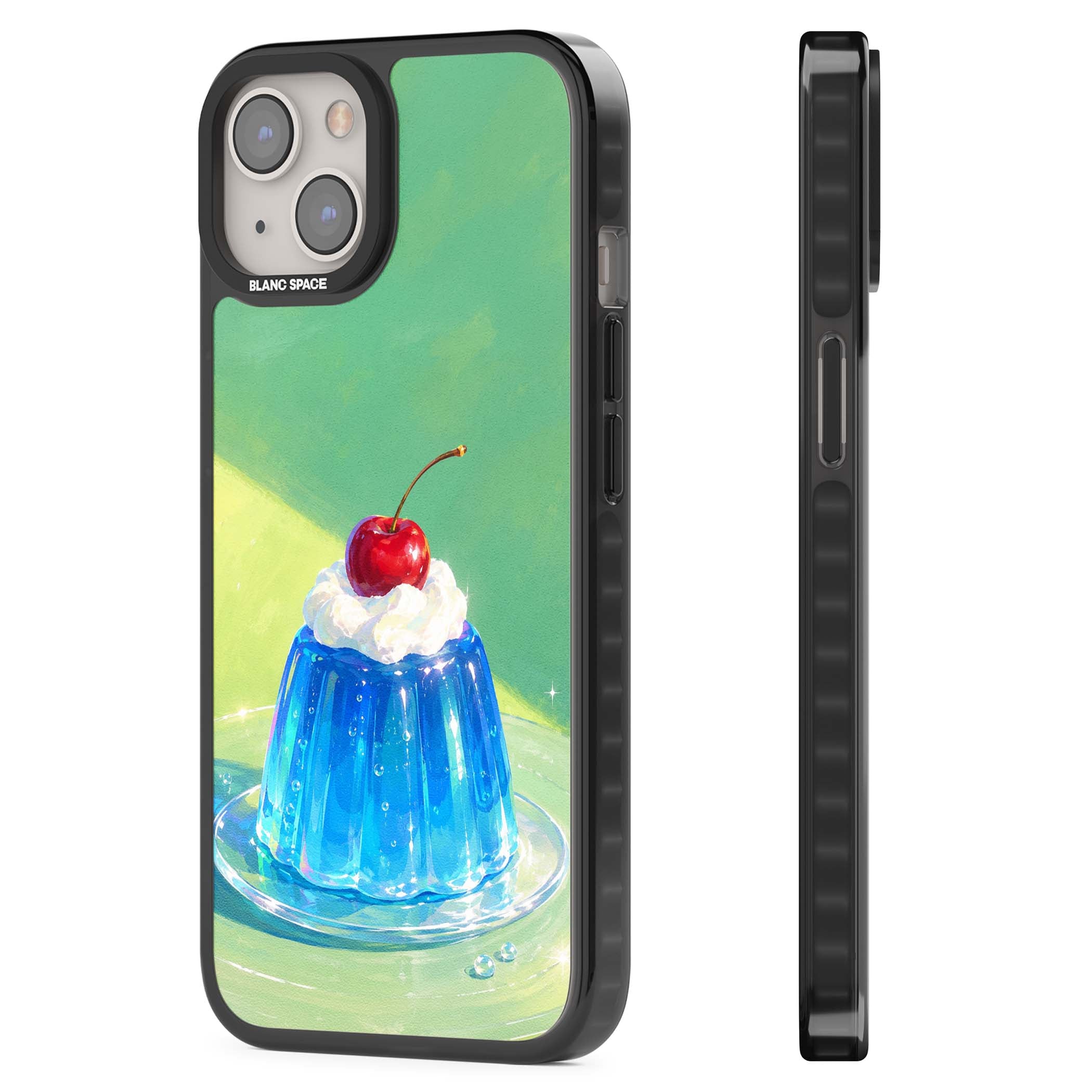 Cherry Jelly kawaii dessert iPhone case featuring blue jelly pudding, whipped cream and a red cherry | Black Impact Magsafe case for iPhone 13, iPhone 14, iPhone 15