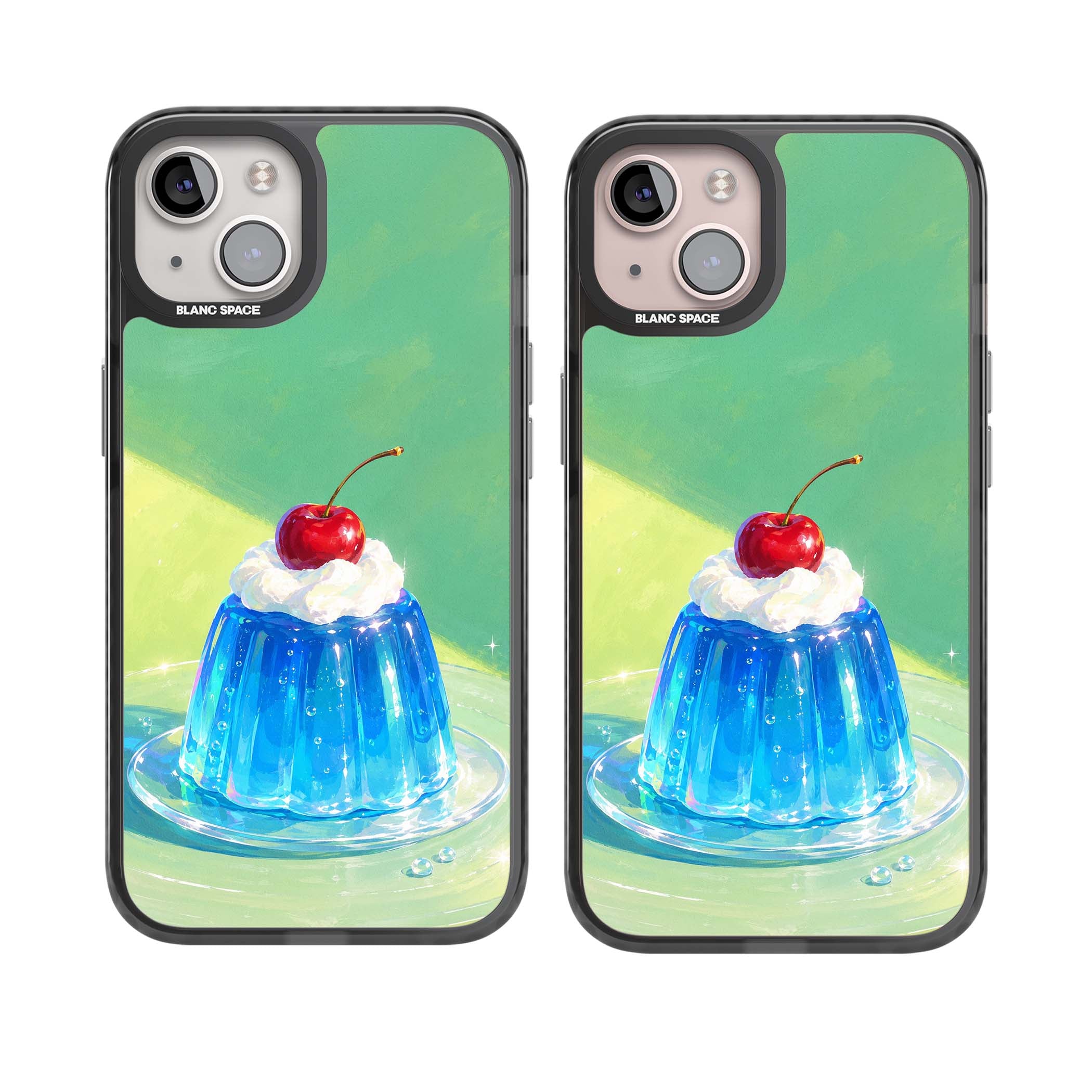 Cherry Jelly kawaii dessert iPhone case featuring blue jelly pudding, whipped cream and a red cherry | Black Impact Magsafe case for iPhone 13, iPhone 14, iPhone 15