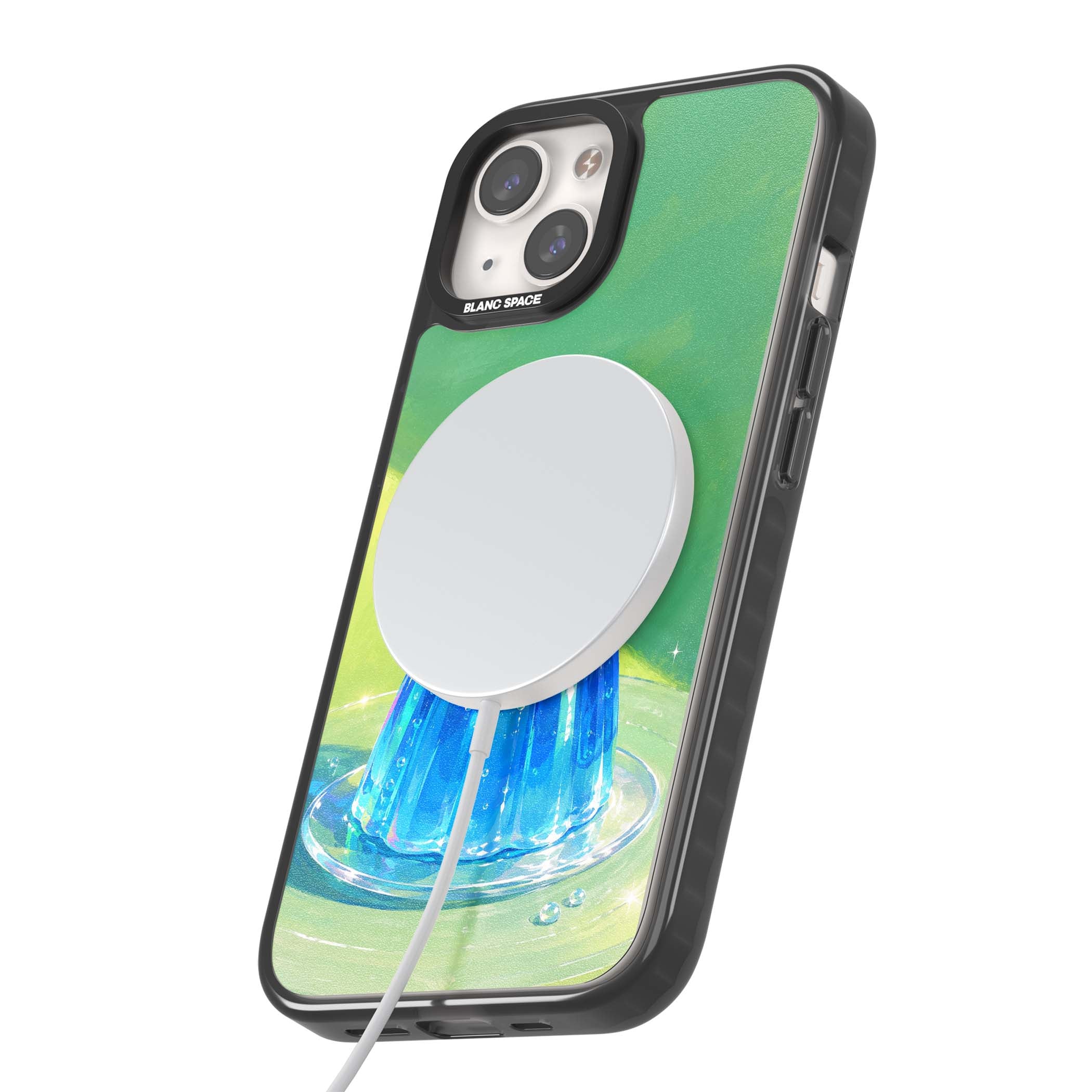 Cherry Jelly kawaii dessert iPhone case featuring blue jelly pudding, whipped cream and a red cherry | Black Impact Magsafe case for iPhone 13, iPhone 14, iPhone 15