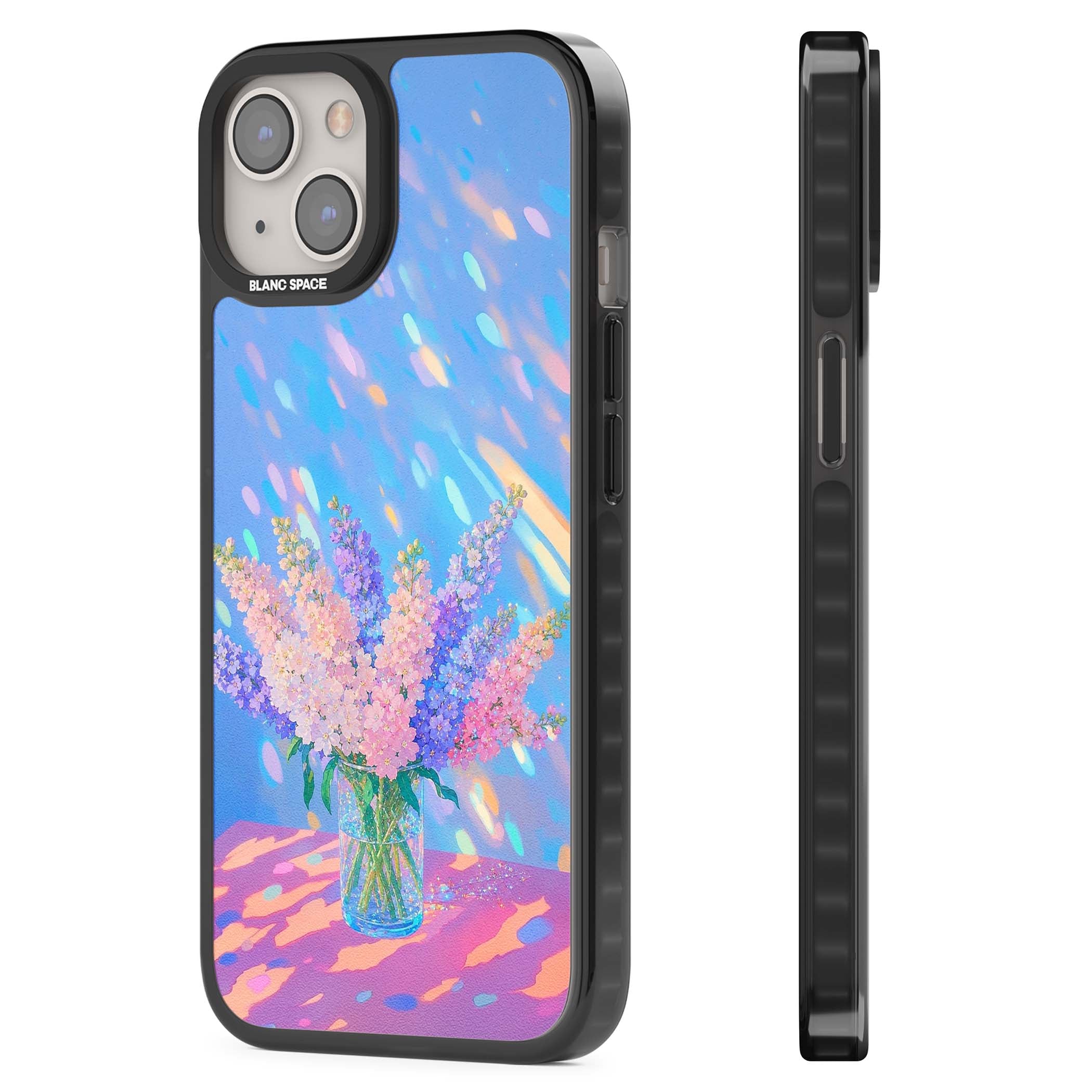 Bubblegum Flowers floral iPhone case featuring pastel lilac and pink bouquet in a glass vase with iridescent light | Black Impact Magsafe case for iPhone 13, iPhone 14, iPhone 15