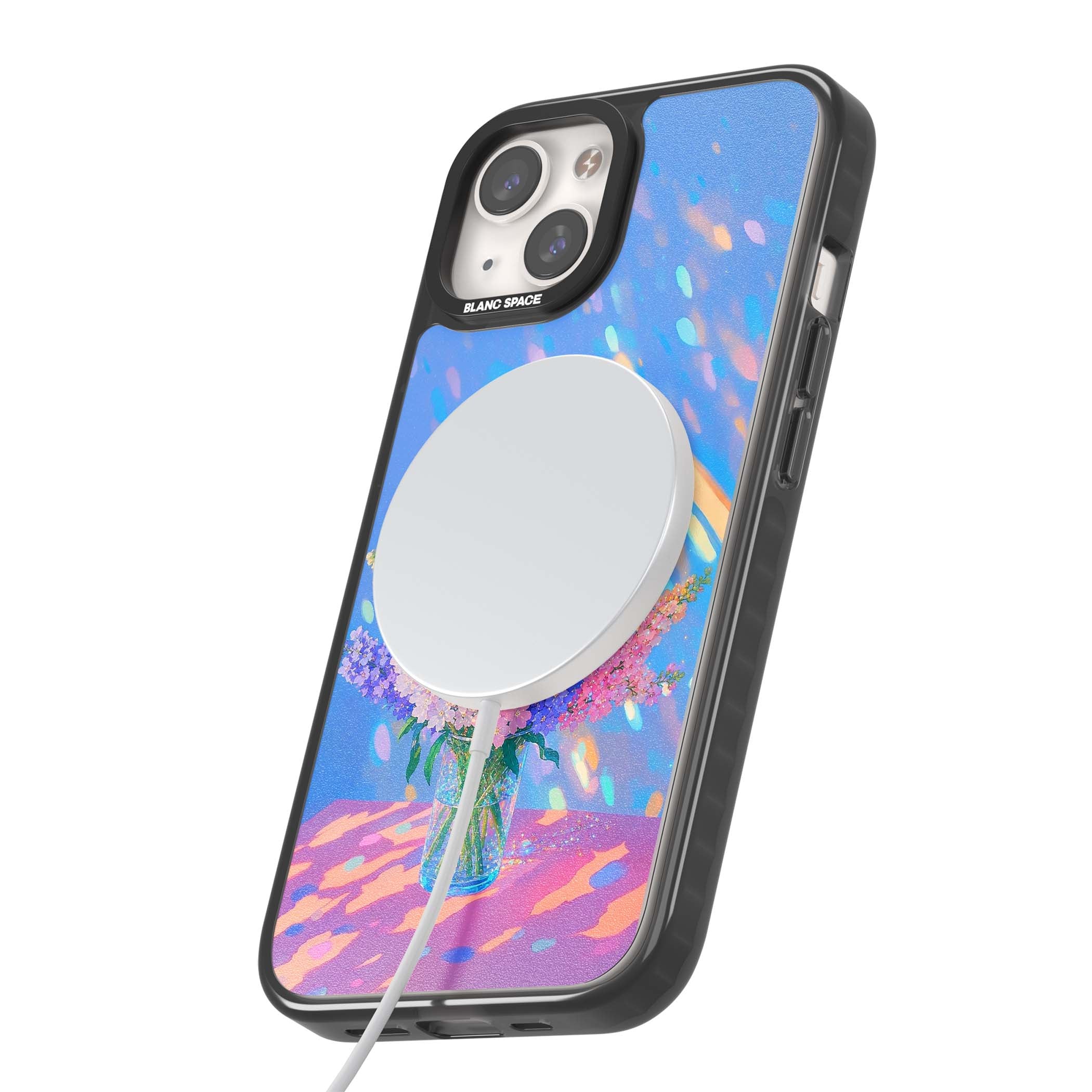 Bubblegum Flowers floral iPhone case featuring pastel lilac and pink bouquet in a glass vase with iridescent light | Black Impact Magsafe case for iPhone 13, iPhone 14, iPhone 15