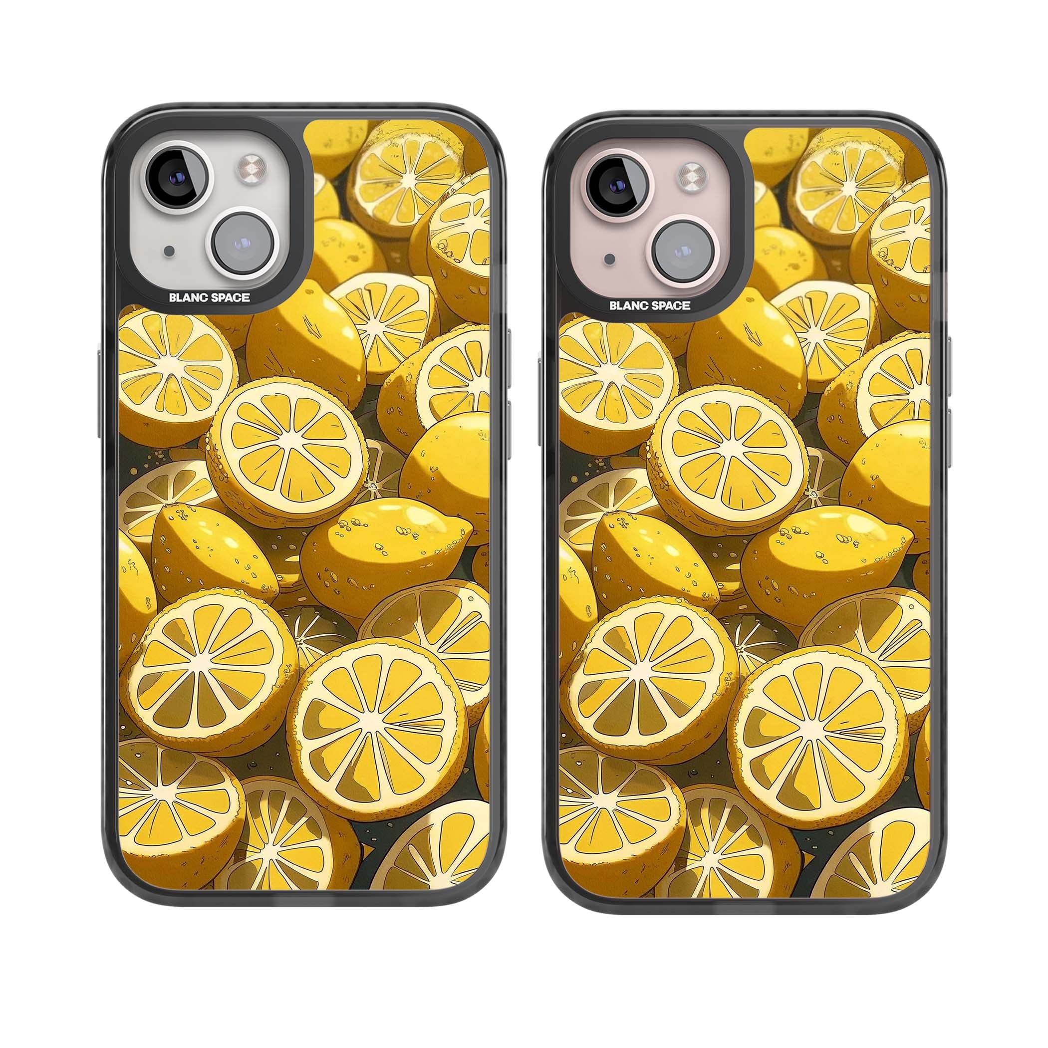 Zesty coastal iPhone case featuring illustrated Mediterranean lemons and citrus slices in golden yellow | Black Impact Magsafe case for iPhone 13, iPhone 14, iPhone 15