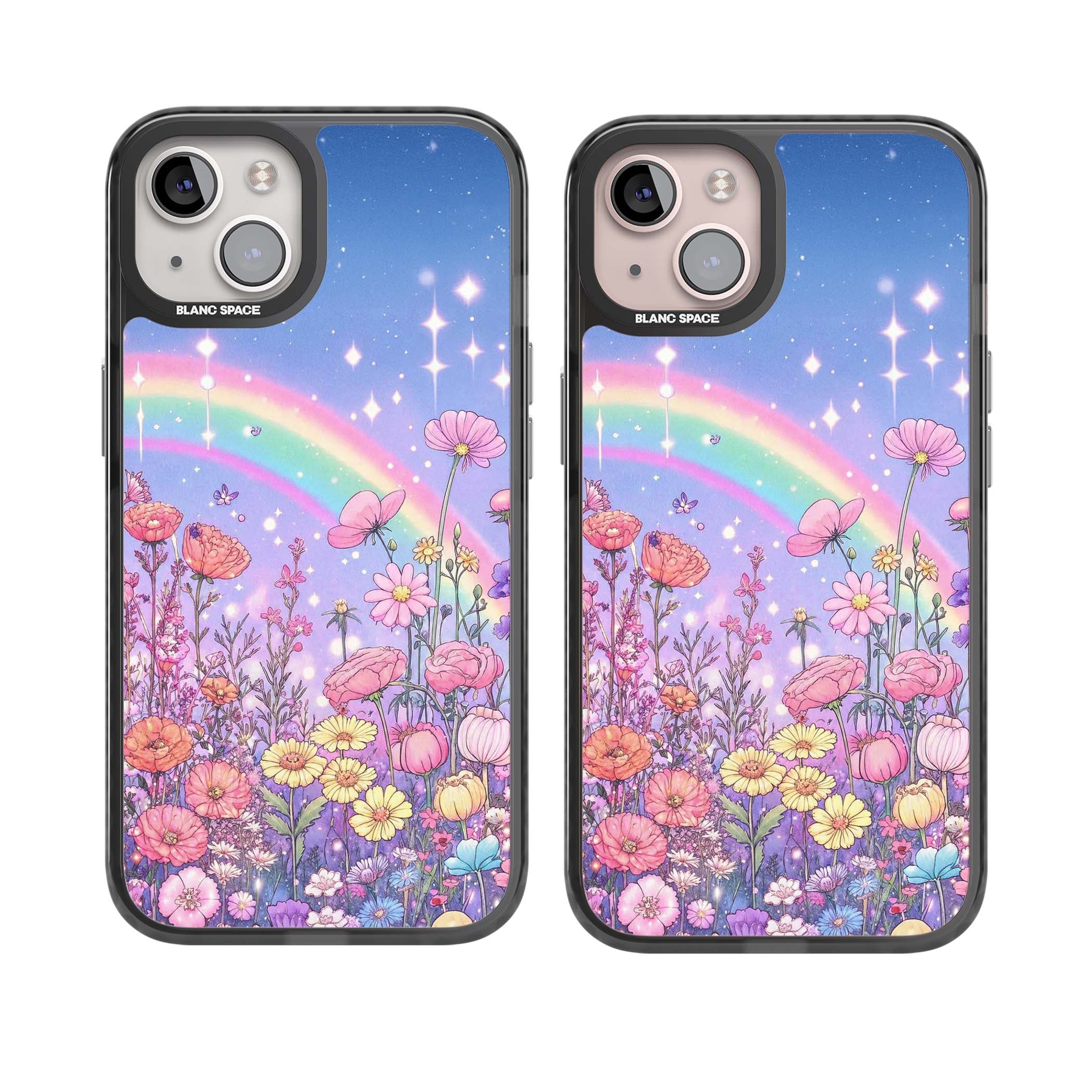 Magical Meadow fairycore iPhone case featuring a pastel rainbow, sparkling stars and a wildflower meadow | Black Impact case for iPhone 13, iPhone 14, iPhone 15