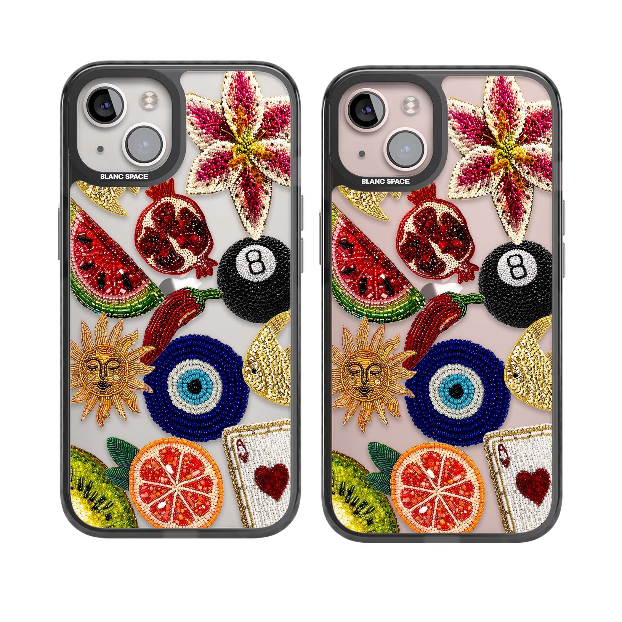 Beaded Charms embroidery iPhone case featuring beaded evil eye, fruit patches and a golden sun motif | Black Impact case for iPhone 13, iPhone 14, iPhone 15