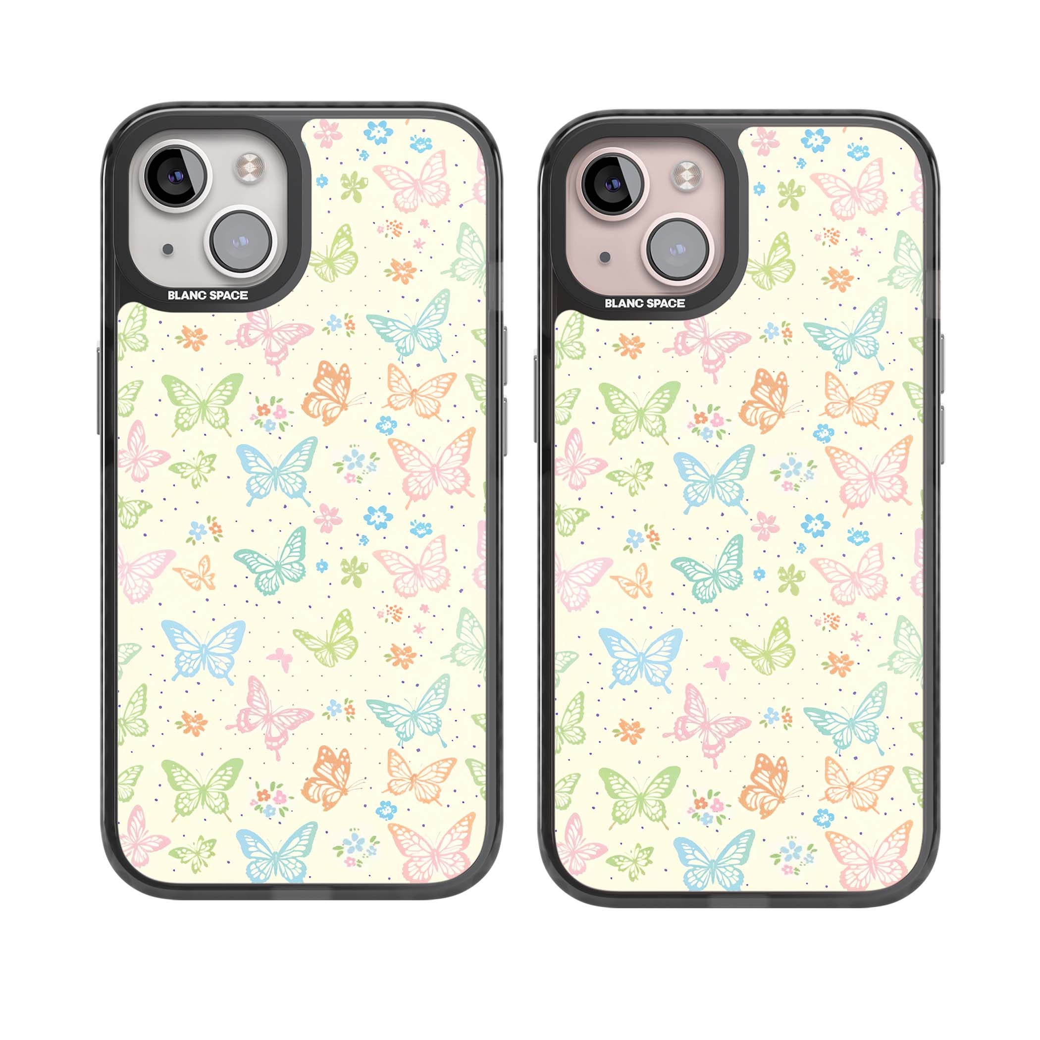 Sugar Wings cottagecore iPhone case featuring rainbow pastel butterflies, tiny wildflowers, and a cream background | Black Impact case for iPhone 13, iPhone 14, iPhone 15