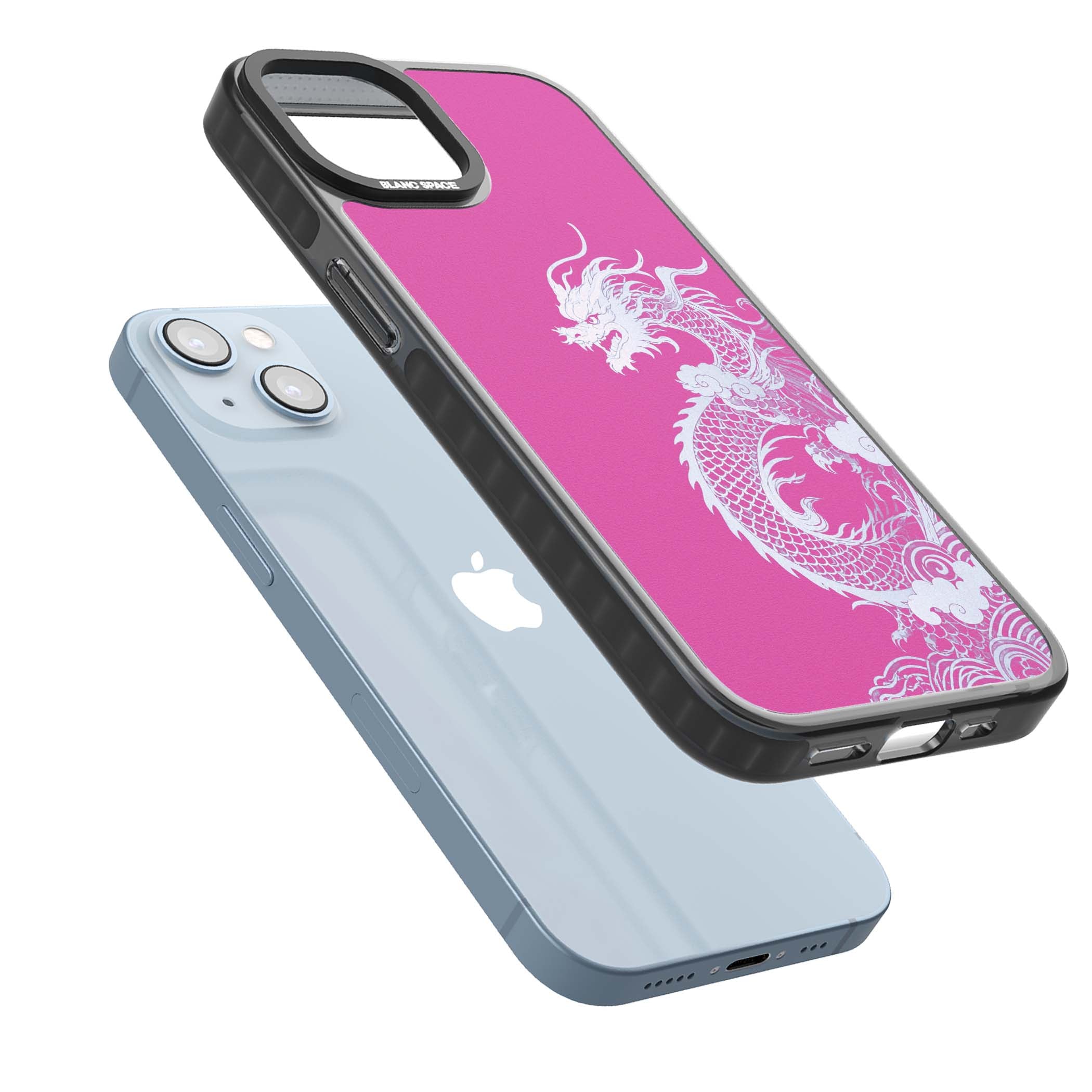 Pink Empress chinese dragon iPhone case featuring a white dragon, swirling clouds and pink dragon wallpaper backdrop | Black Impact case for iPhone 13, iPhone 14, iPhone 15
