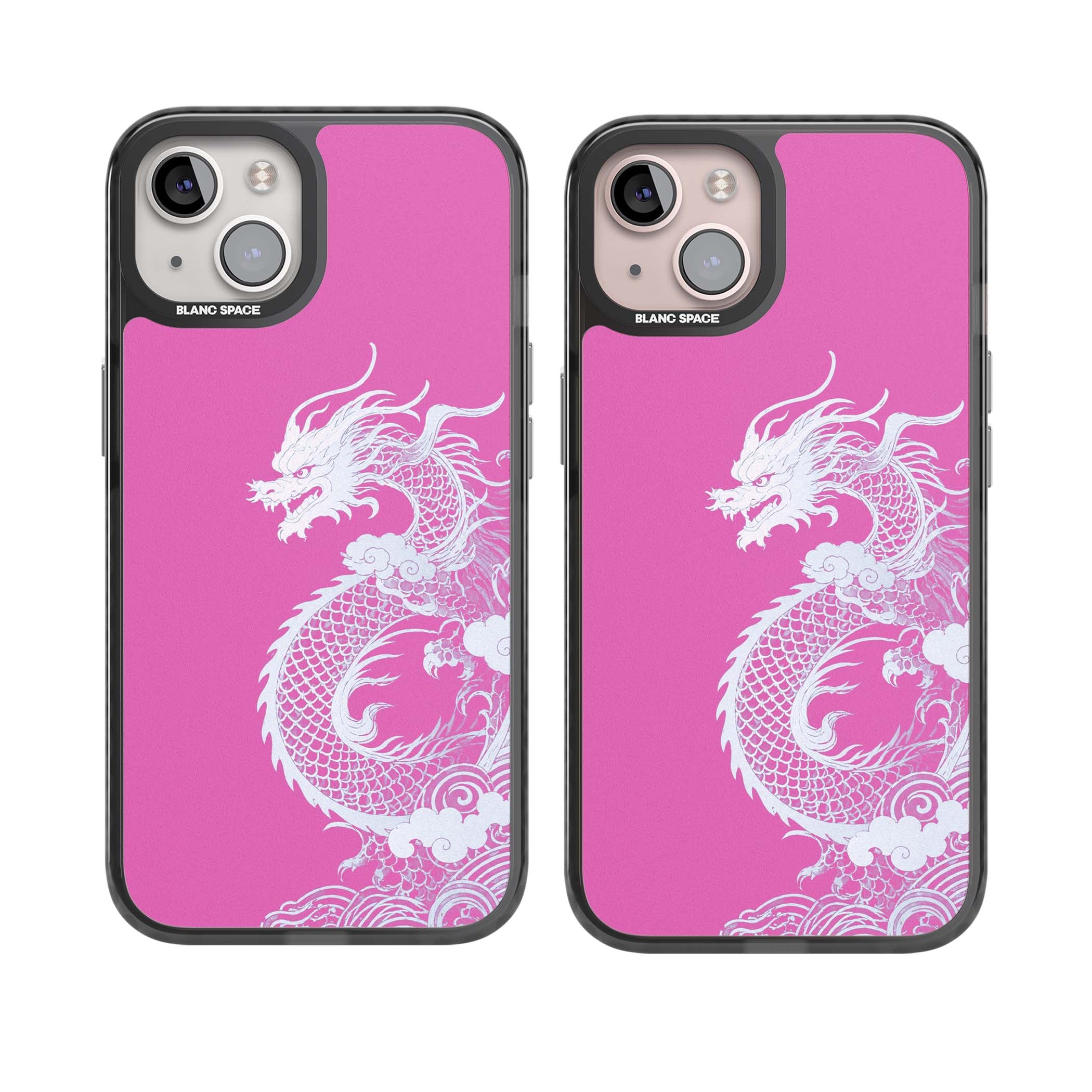 Pink Empress chinese dragon iPhone case featuring a white dragon, swirling clouds and pink dragon wallpaper backdrop | Black Impact case for iPhone 13, iPhone 14, iPhone 15