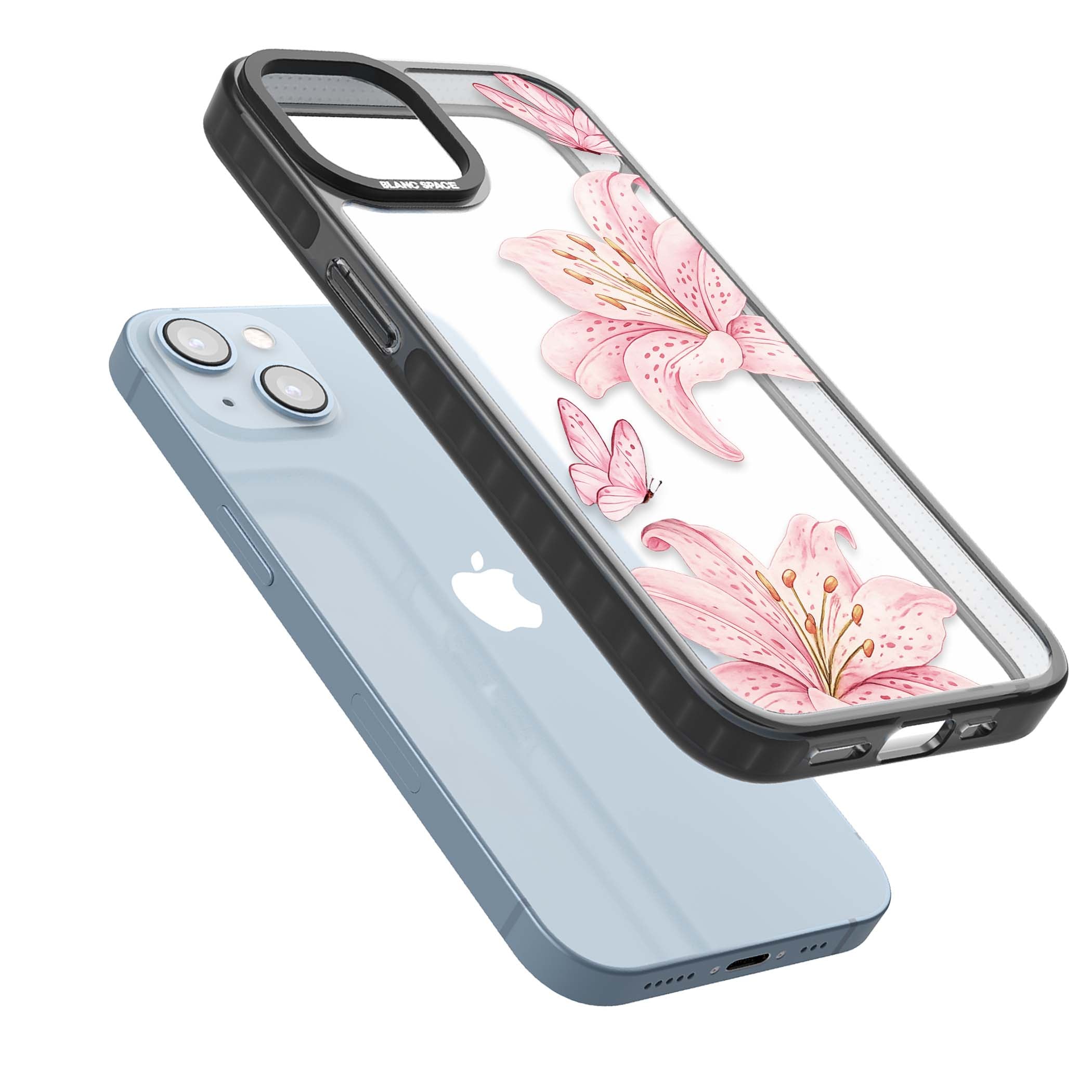 Lily Whisper floral iPhone case featuring pink watercolour lilies and delicate butterflies on a clear background | Black Impact case for iPhone 13, iPhone 14, iPhone 15