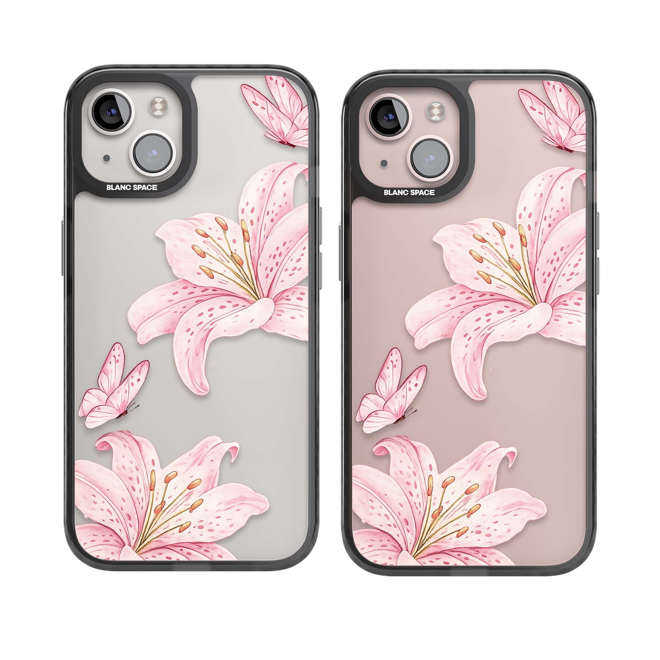 Lily Whisper floral iPhone case featuring pink watercolour lilies and delicate butterflies on a clear background | Black Impact case for iPhone 13, iPhone 14, iPhone 15