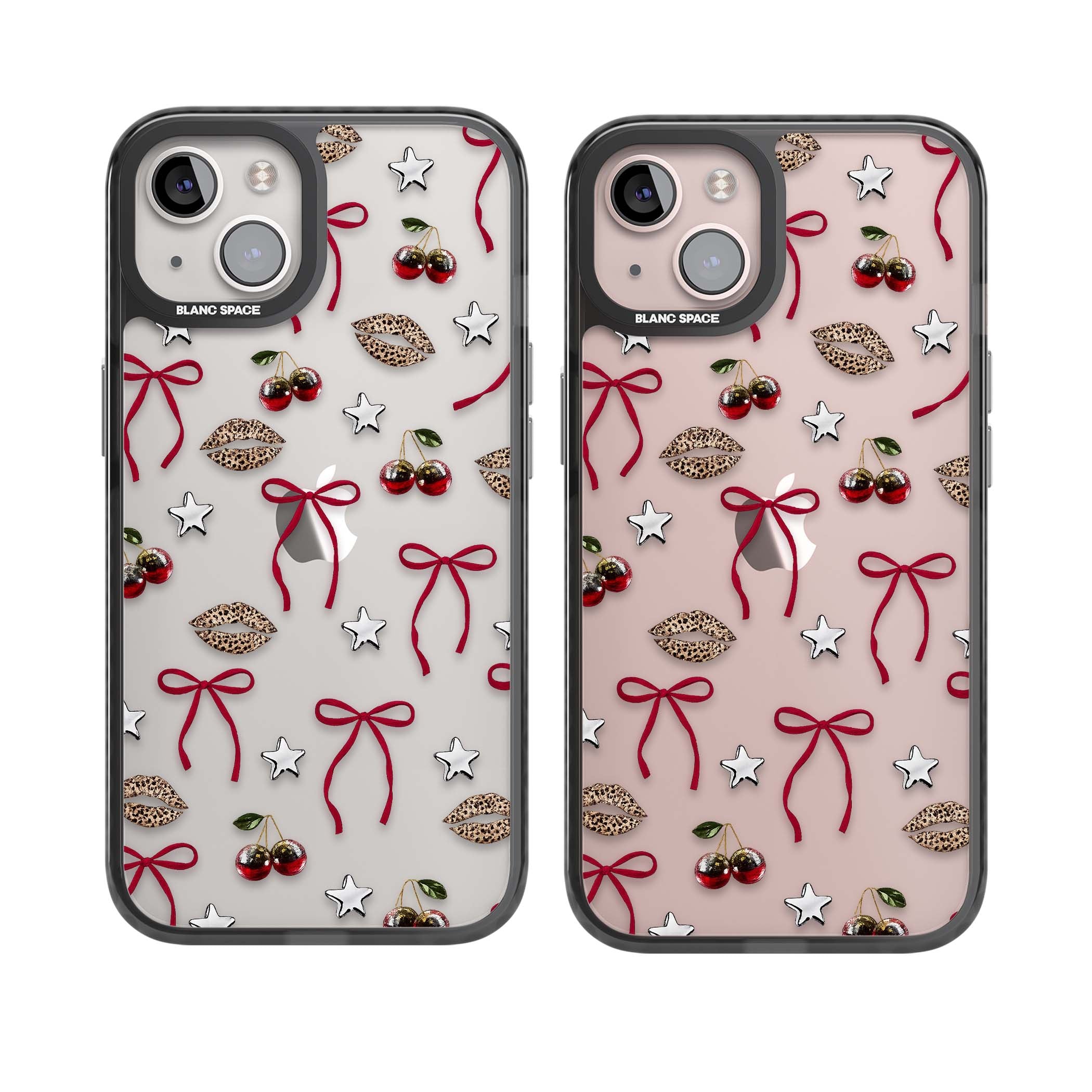 Starlet coquette iPhone case featuring red ribbon bows, disco cherries and leopard-print lips | Black Impact case for iPhone 13, iPhone 14, iPhone 15