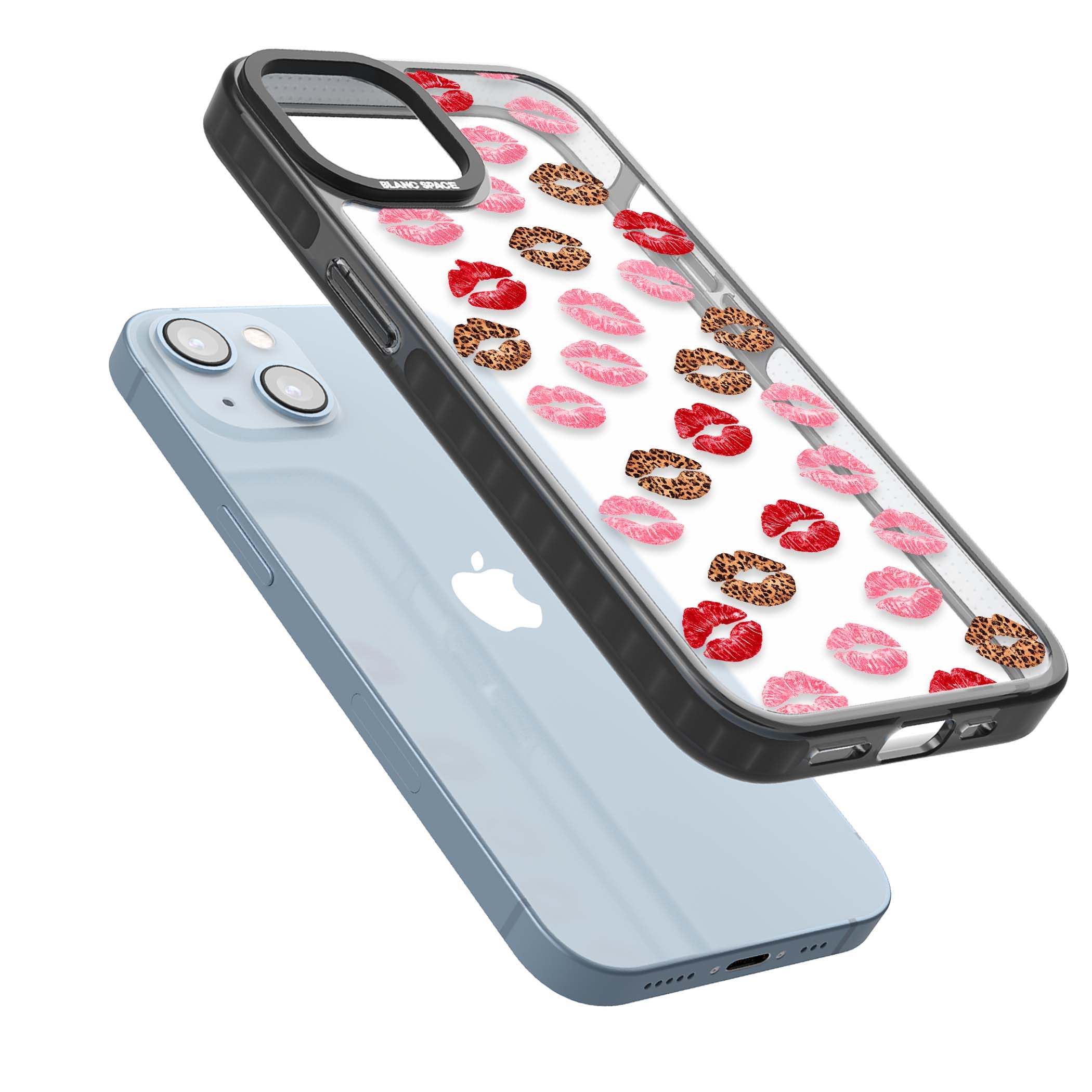 Wild Kisses coquette iPhone case featuring red, pink and leopard print lipstick kiss marks on a clear background | Black Impact case for iPhone 13, iPhone 14, iPhone 15