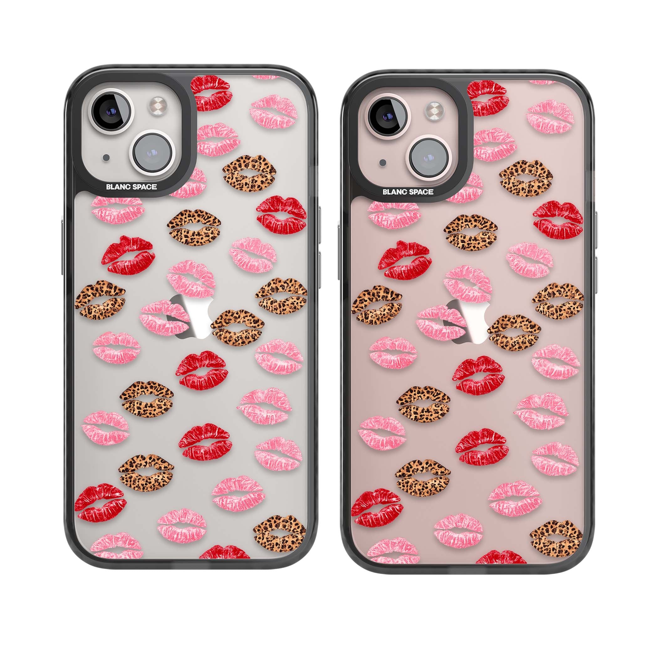 Wild Kisses coquette iPhone case featuring red, pink and leopard print lipstick kiss marks on a clear background | Black Impact case for iPhone 13, iPhone 14, iPhone 15