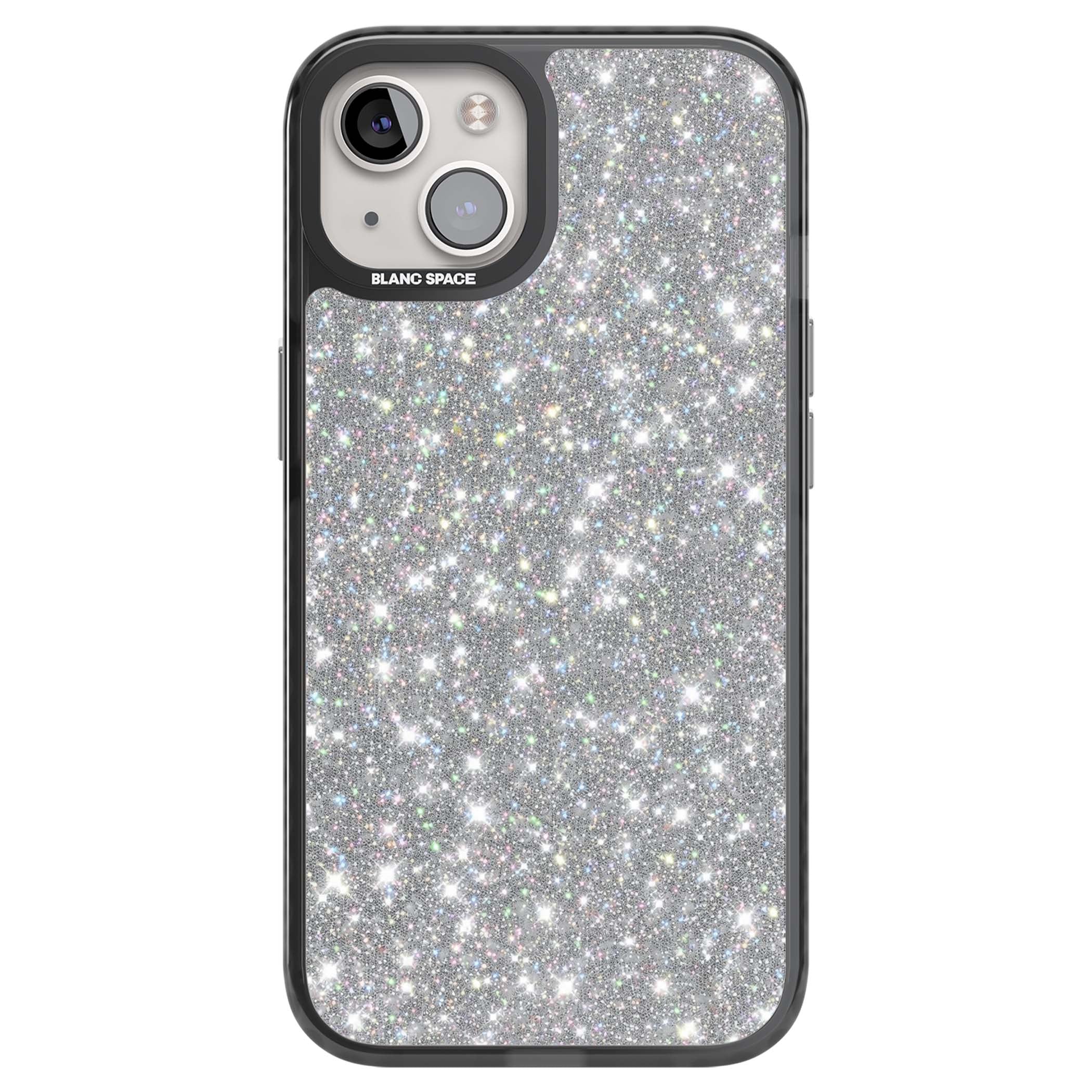 Diamond glam iPhone case featuring silver glitter sparkle and shimmering diamond dust effect | Black Impact case for iPhone 13, iPhone 14, iPhone 15