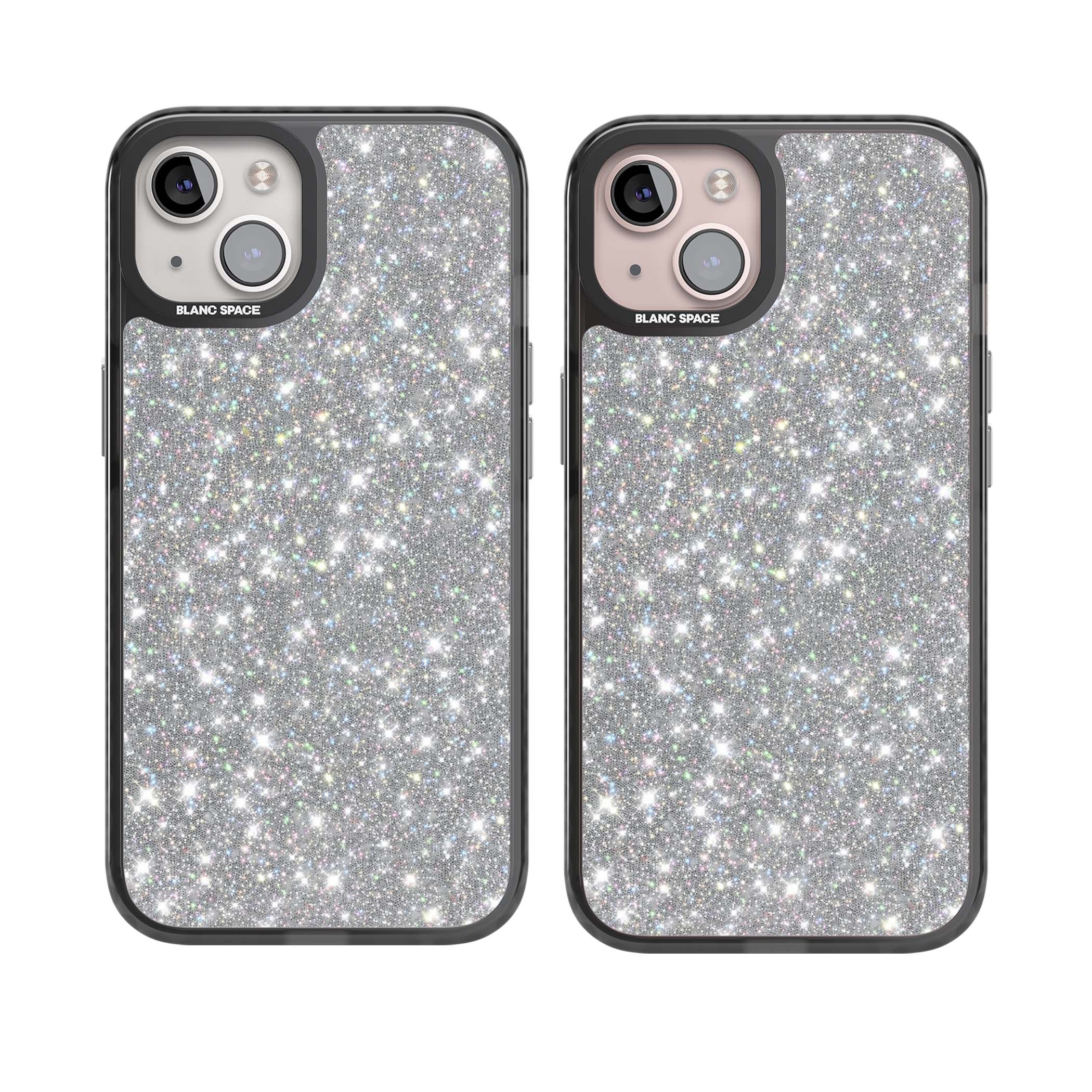 Diamond glam iPhone case featuring silver glitter sparkle and shimmering diamond dust effect | Black Impact case for iPhone 13, iPhone 14, iPhone 15