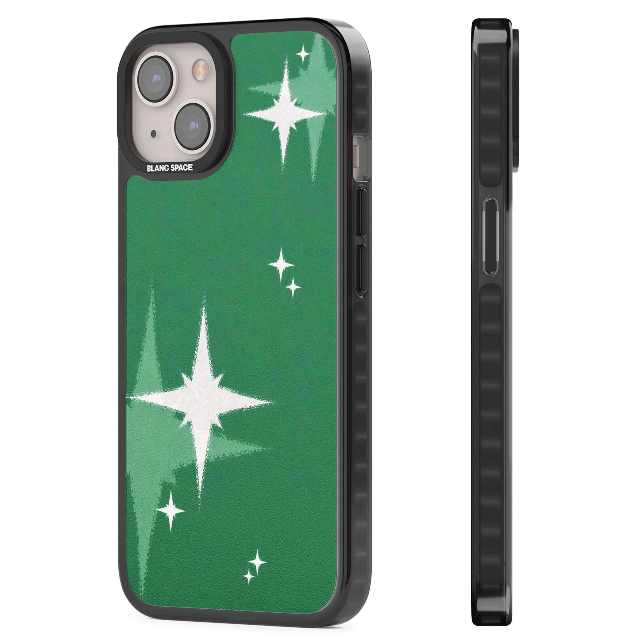 Green Sparkle celestial iPhone case featuring sparkling white four-point stars on a deep green background | Black Impact case for iPhone 13, iPhone 14, iPhone 15
