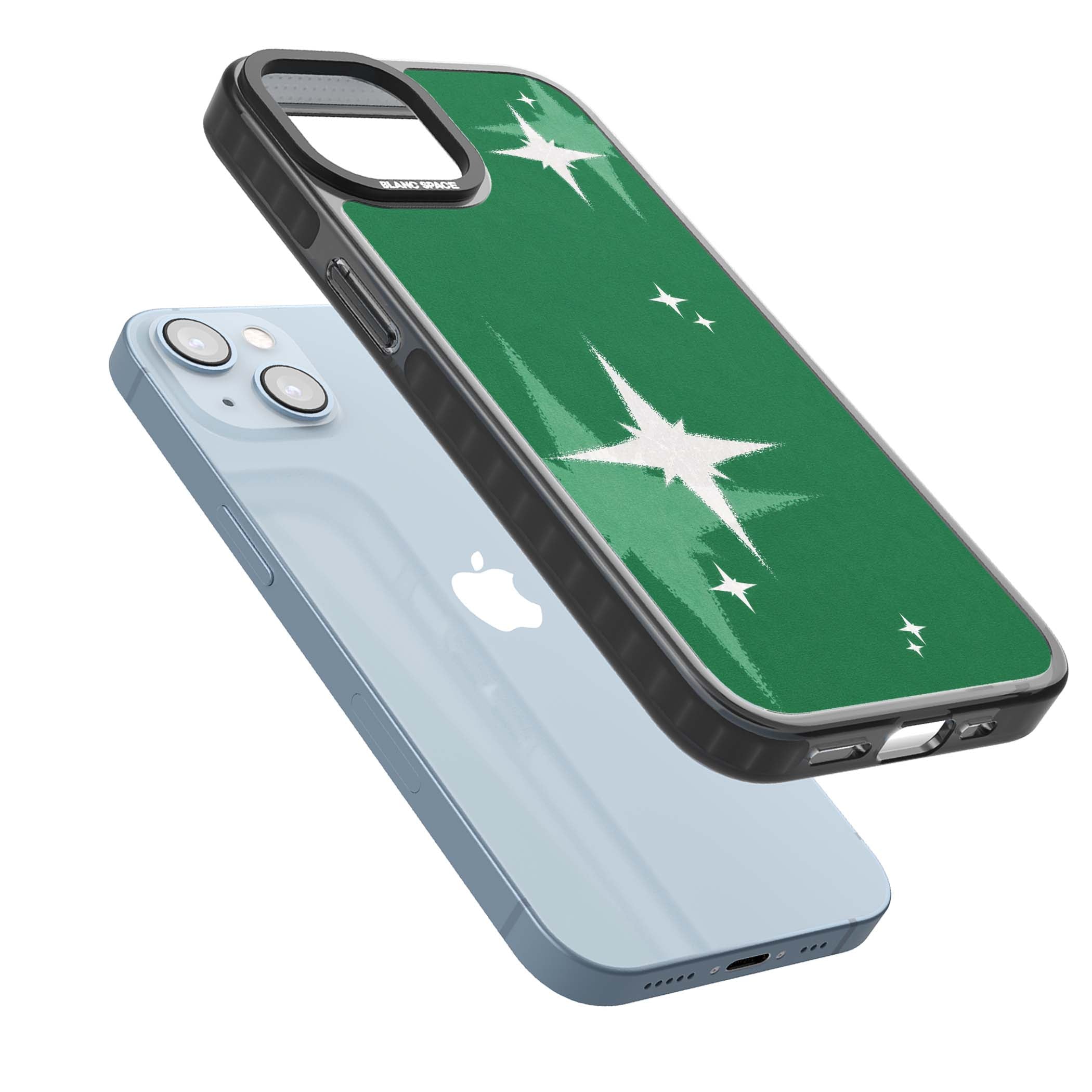 Green Sparkle celestial iPhone case featuring sparkling white four-point stars on a deep green background | Black Impact case for iPhone 13, iPhone 14, iPhone 15