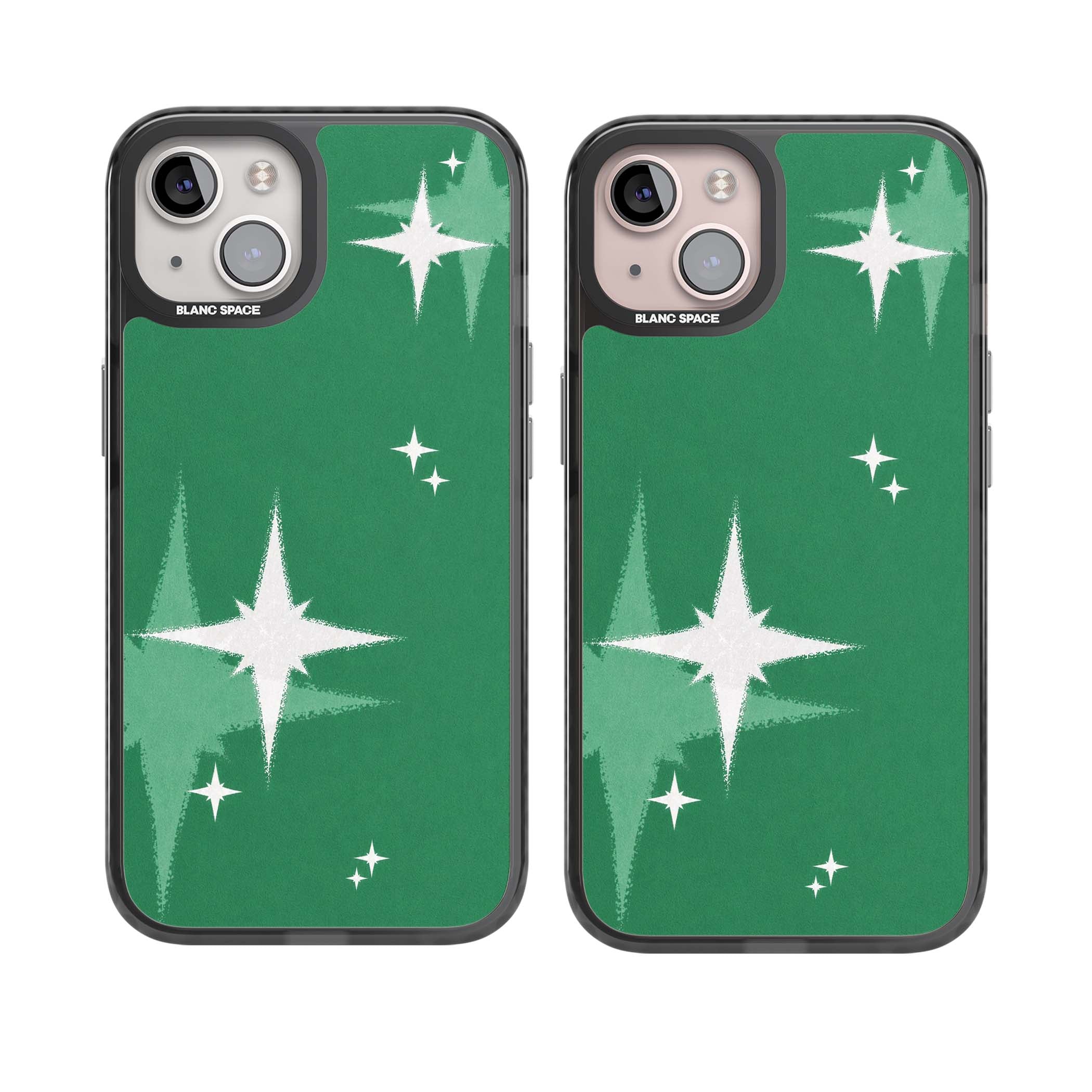 Green Sparkle celestial iPhone case featuring sparkling white four-point stars on a deep green background | Black Impact case for iPhone 13, iPhone 14, iPhone 15