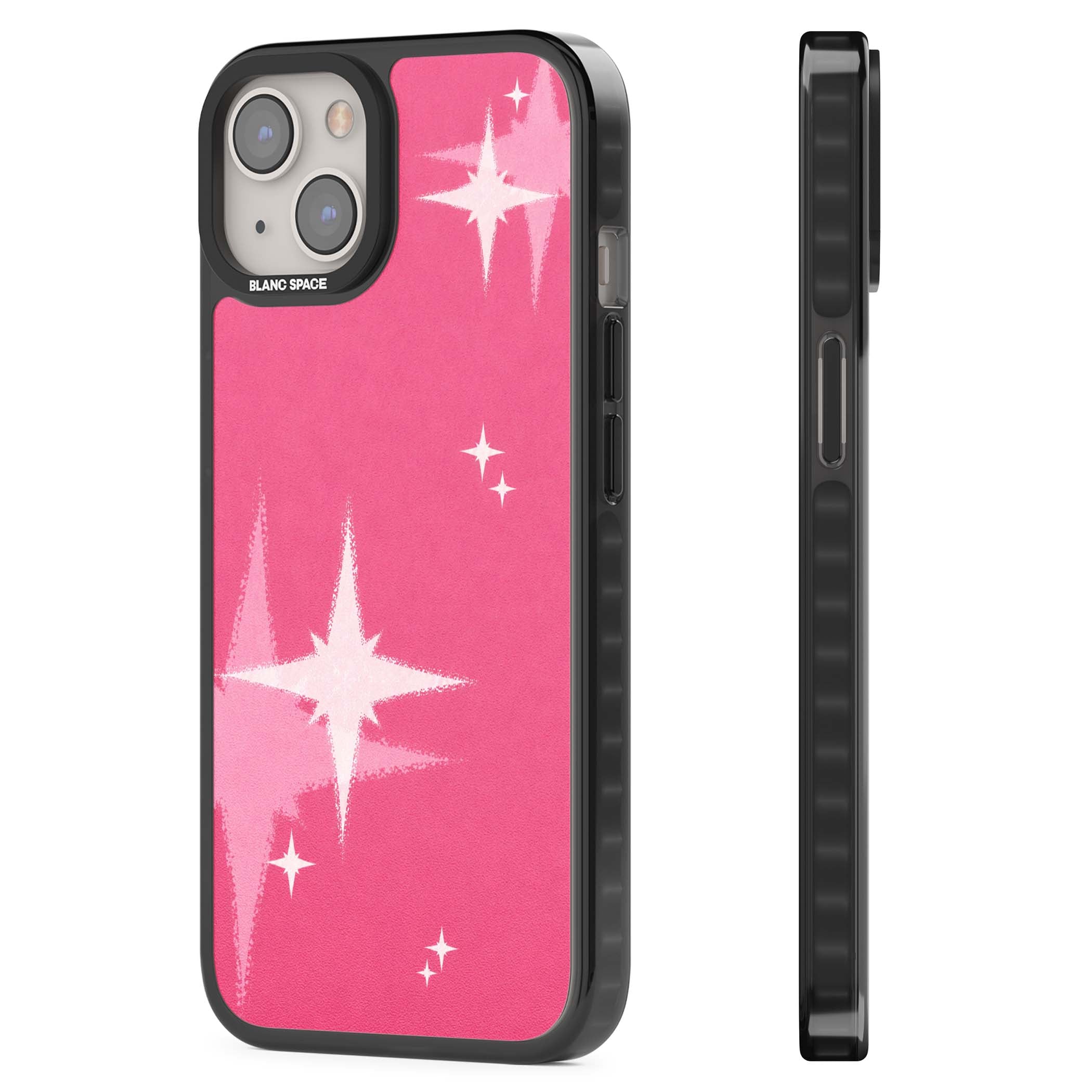 Pink Sparkle Y2K iPhone case featuring hot pink background with shimmering white starburst pattern | Black Impact case for iPhone 13, iPhone 14, iPhone 15