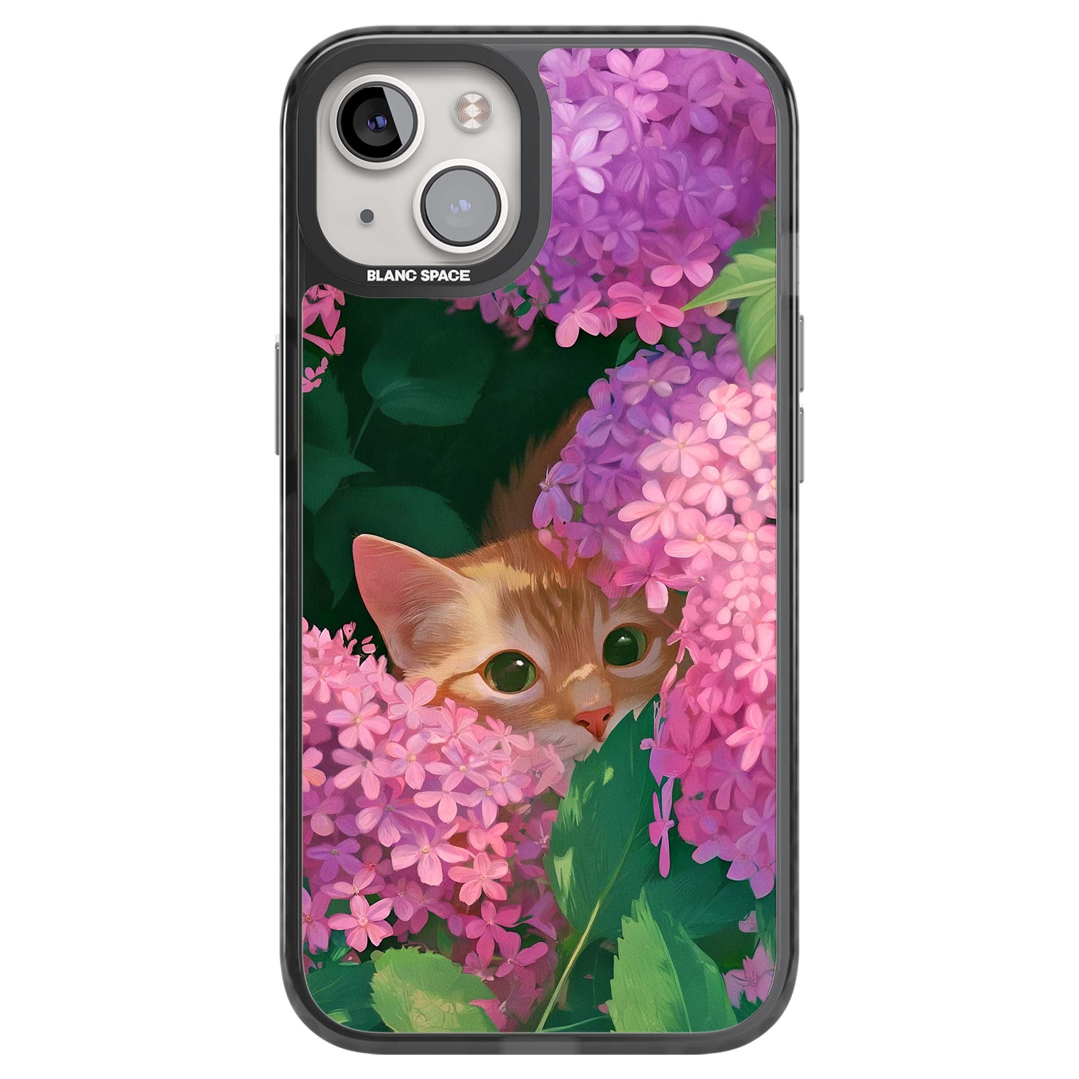 Cat In Pink Flowers cottagecore iPhone case featuring a ginger kitten peeking through lilac and pink hydrangea flo | Black Impact case for iPhone 13, iPhone 14, iPhone 15