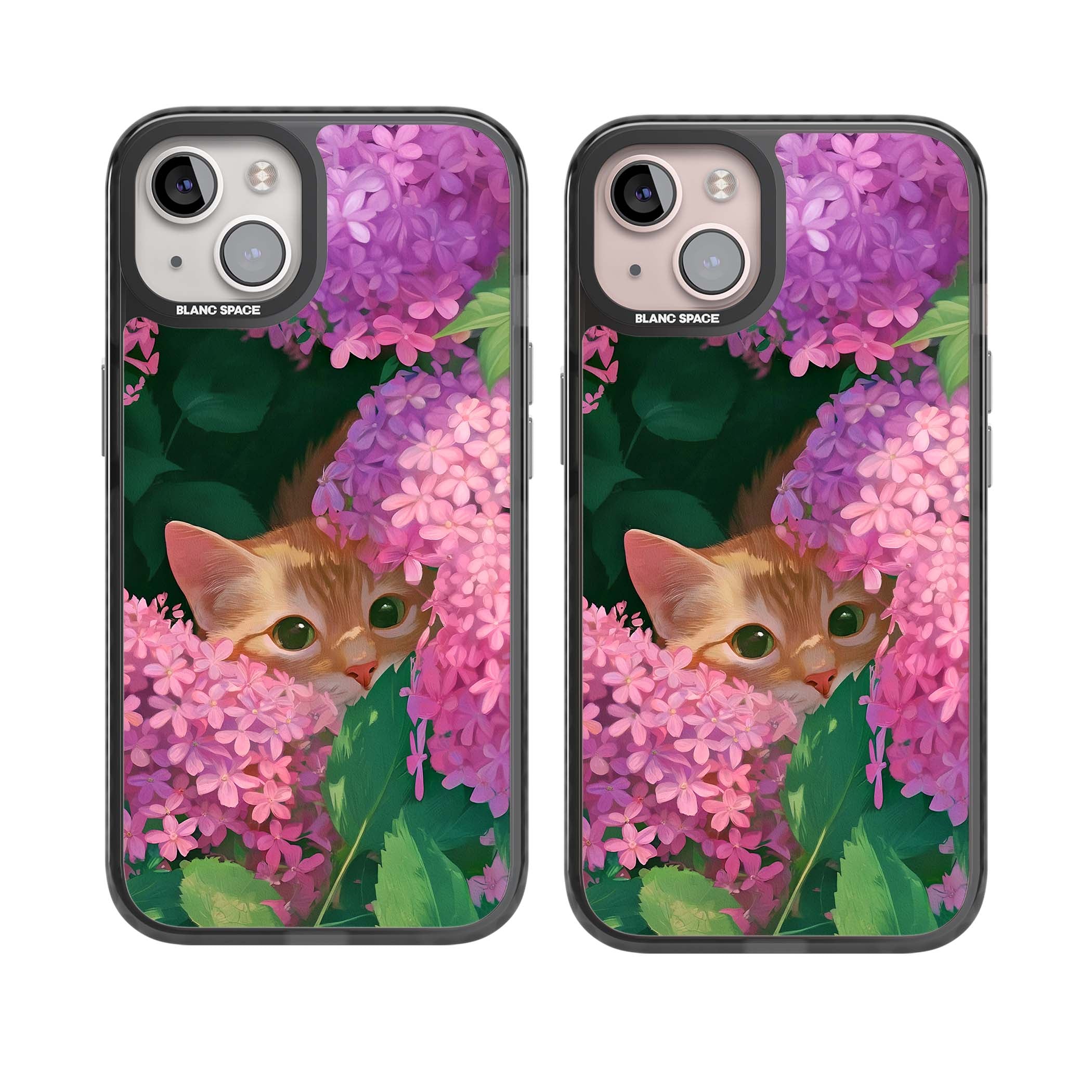Cat In Pink Flowers cottagecore iPhone case featuring a ginger kitten peeking through lilac and pink hydrangea flo | Black Impact case for iPhone 13, iPhone 14, iPhone 15