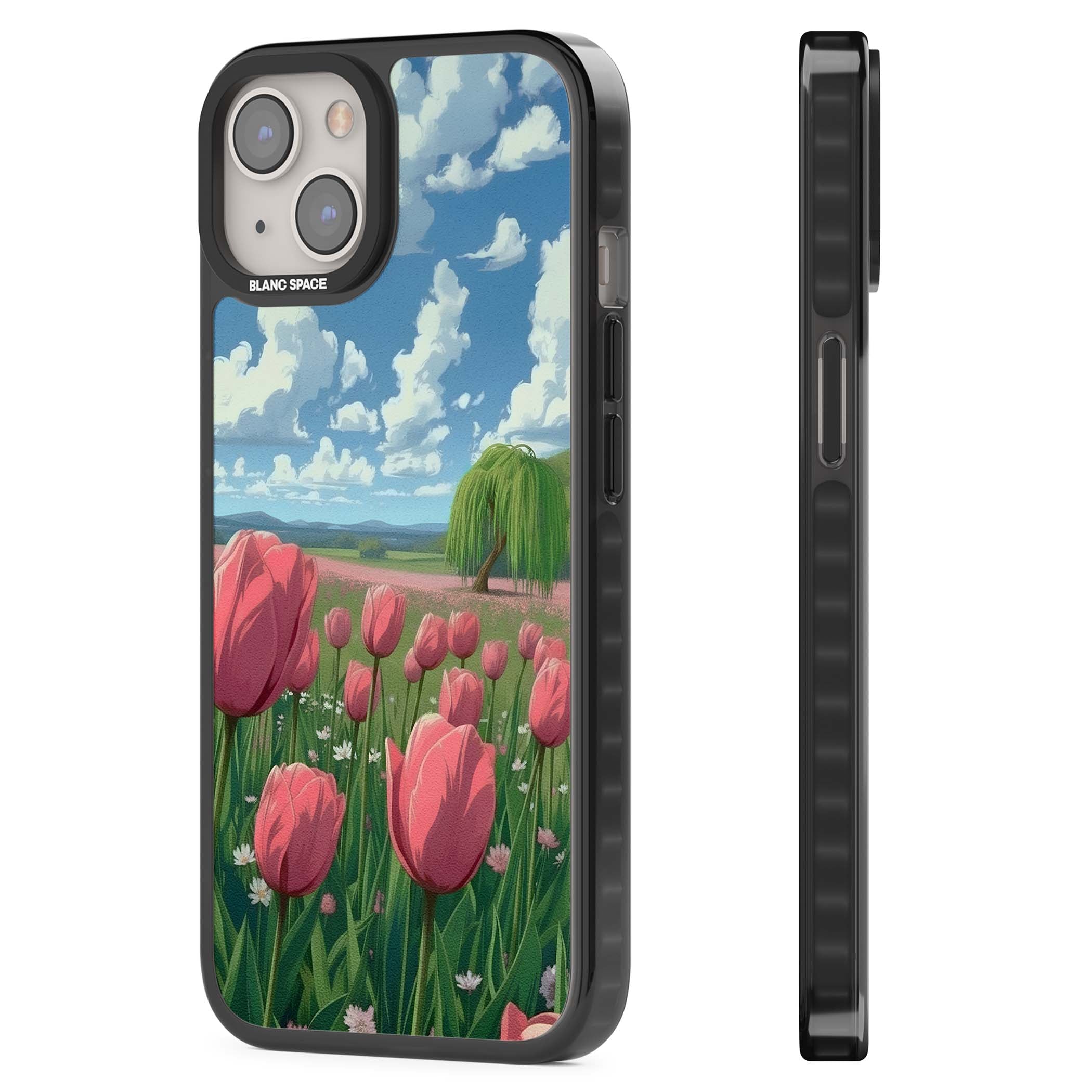 Willow By The Pink Tulips floral iPhone case | Black Impact case for iPhone 13, iPhone 14, iPhone 15