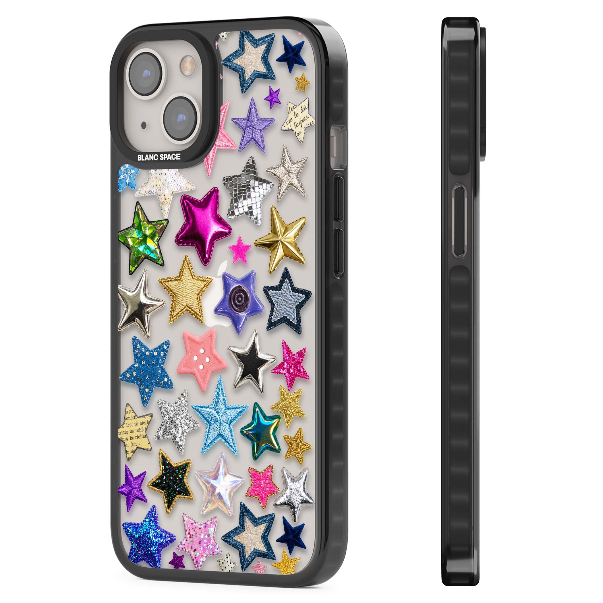 Crafty Star Mix Y2K iPhone case featuring embroidered, sequinned and glitter star patches in rainbow colours | Black Impact case for iPhone 13, iPhone 14, iPhone 15