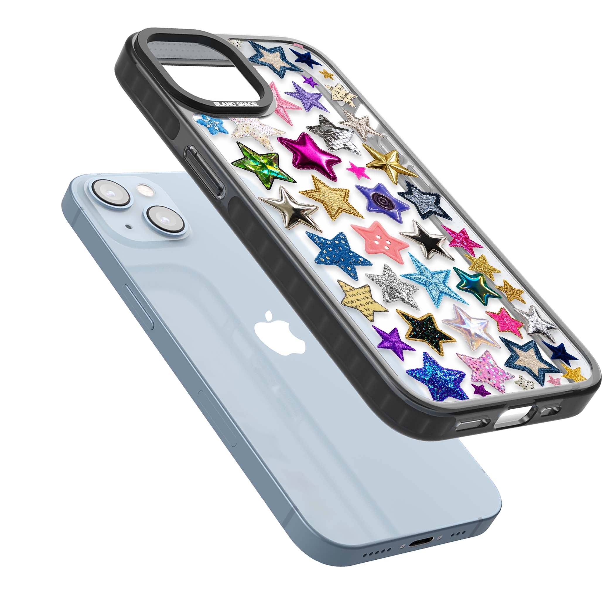 Crafty Star Mix Y2K iPhone case featuring embroidered, sequinned and glitter star patches in rainbow colours | Black Impact case for iPhone 13, iPhone 14, iPhone 15