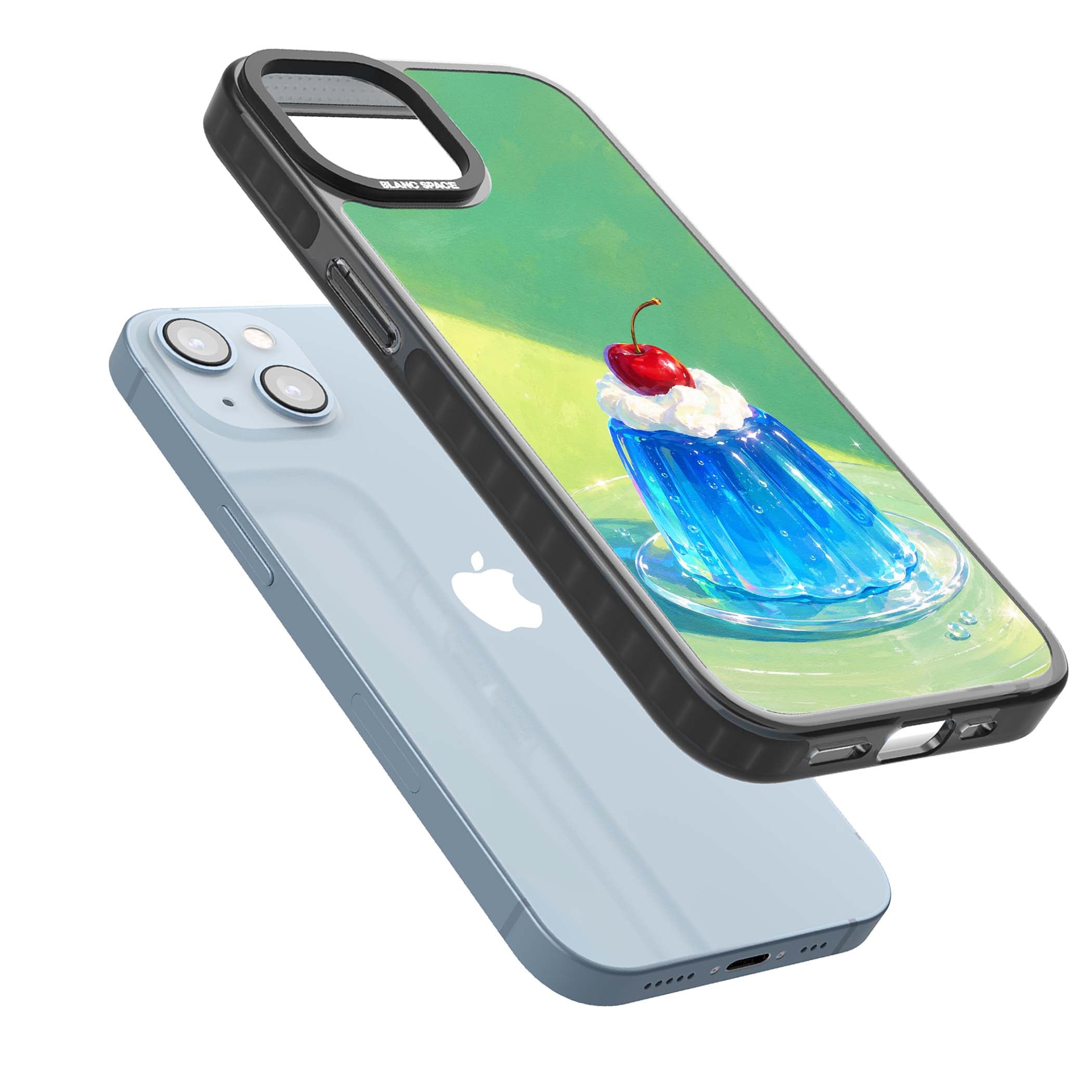 Cherry Jelly kawaii dessert iPhone case featuring blue jelly pudding, whipped cream and a red cherry | Black Impact case for iPhone 13, iPhone 14, iPhone 15