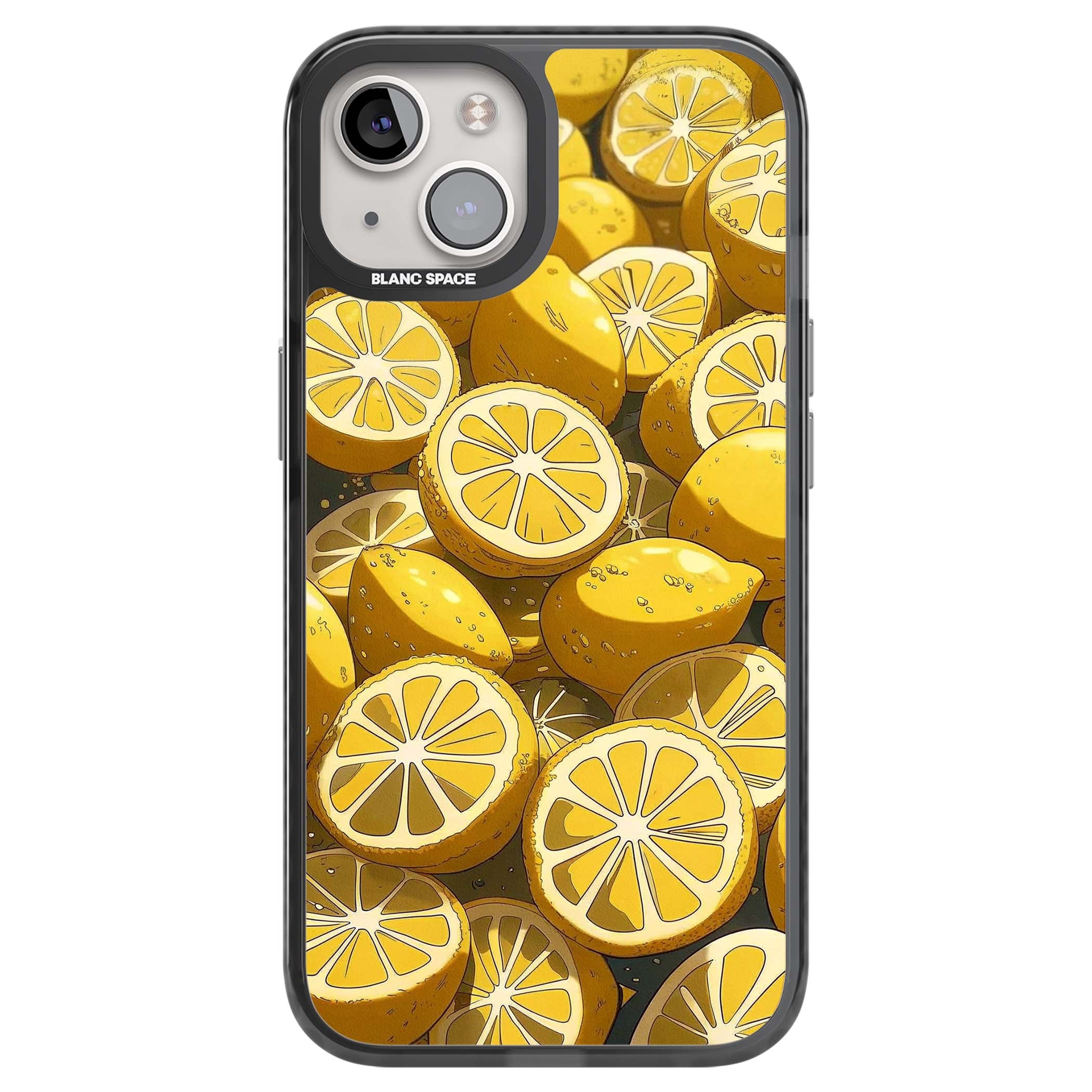 Zesty coastal iPhone case featuring illustrated Mediterranean lemons and citrus slices in golden yellow | Black Impact case for iPhone 13, iPhone 14, iPhone 15