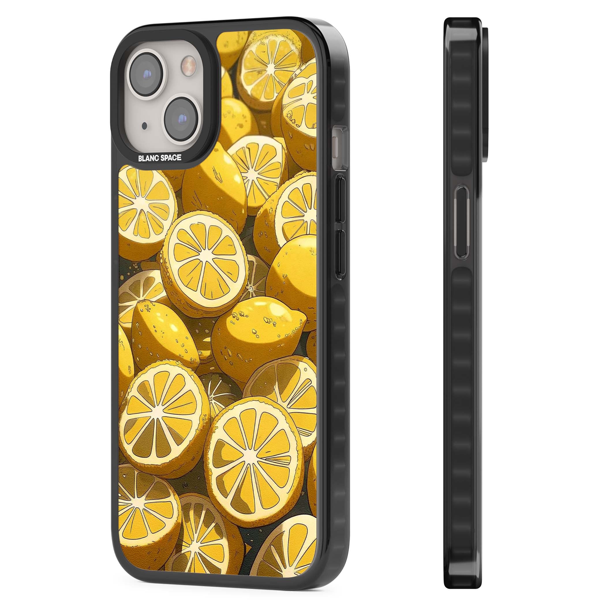 Zesty coastal iPhone case featuring illustrated Mediterranean lemons and citrus slices in golden yellow | Black Impact case for iPhone 13, iPhone 14, iPhone 15