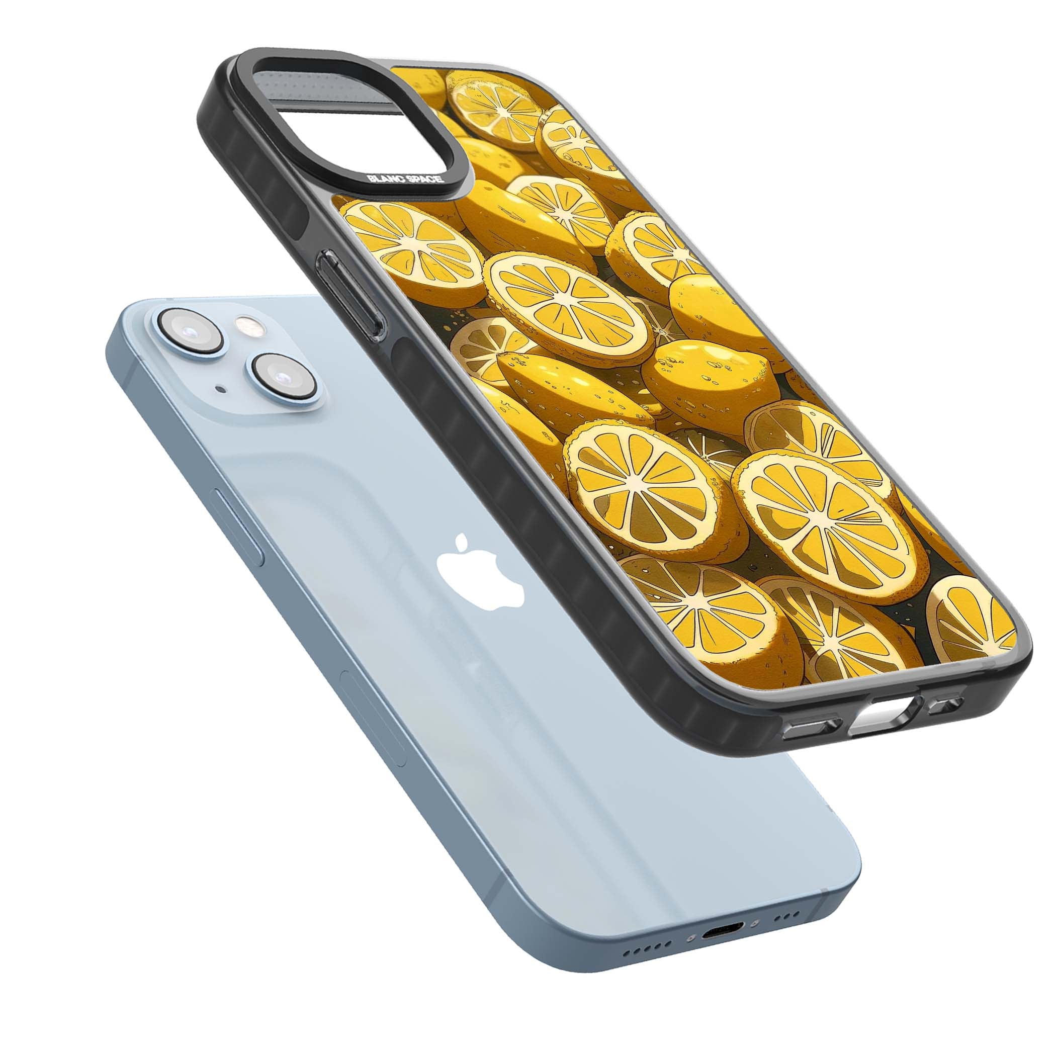 Zesty coastal iPhone case featuring illustrated Mediterranean lemons and citrus slices in golden yellow | Black Impact case for iPhone 13, iPhone 14, iPhone 15