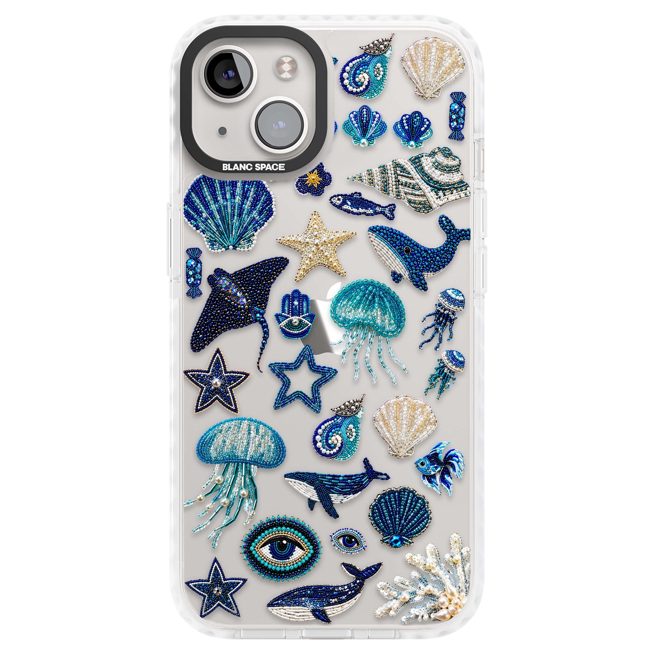 Beaded Coastal coastal iPhone case featuring embroidered seashells, jellyfish and a blue whale on clear | Clear Impact case for iPhone 13, iPhone 14, iPhone 15