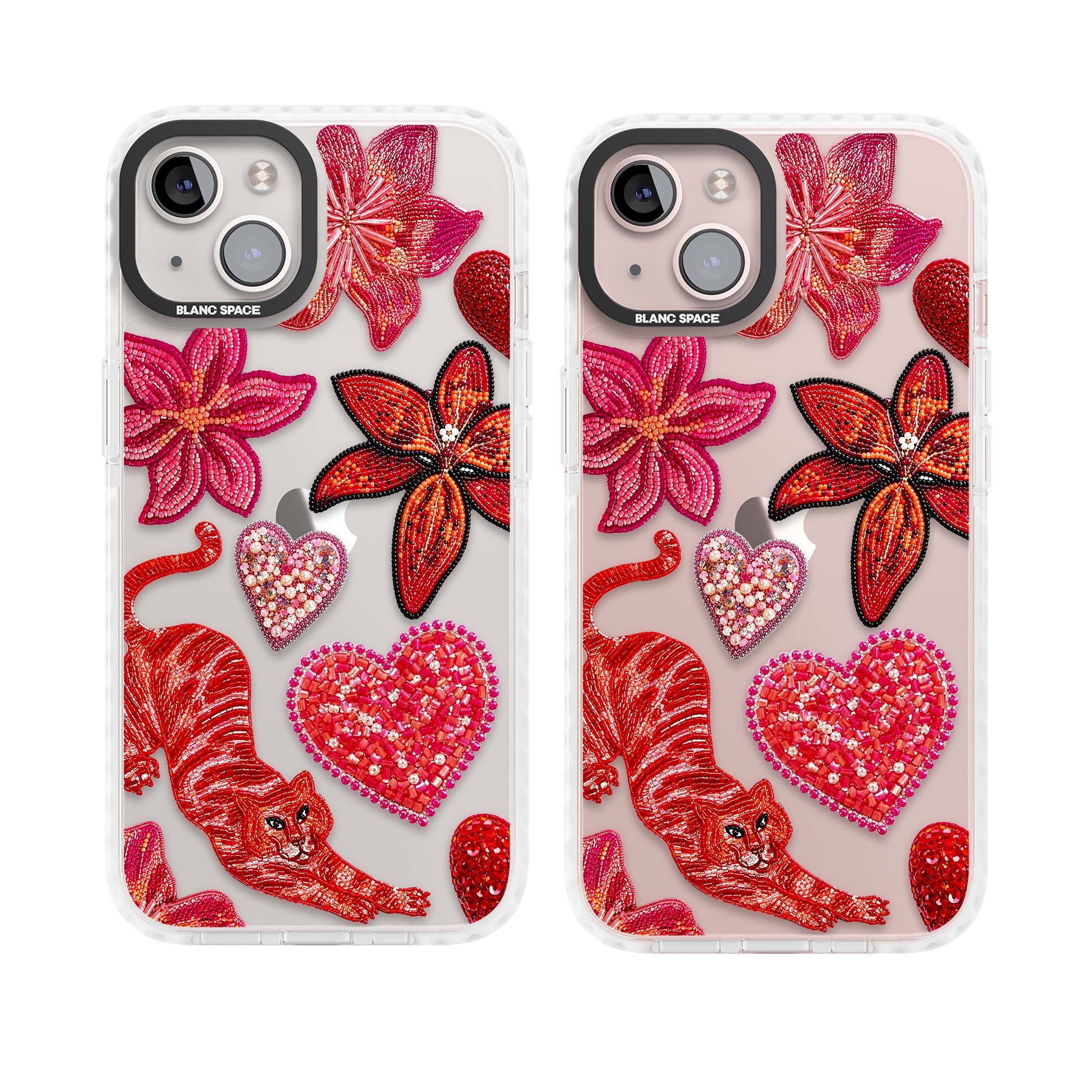 Beaded Boho floral iPhone case featuring beaded red lilies, a stitched tiger, and pearl-encrusted hearts on clear | Clear Impact case for iPhone 13, iPhone 14, iPhone 15