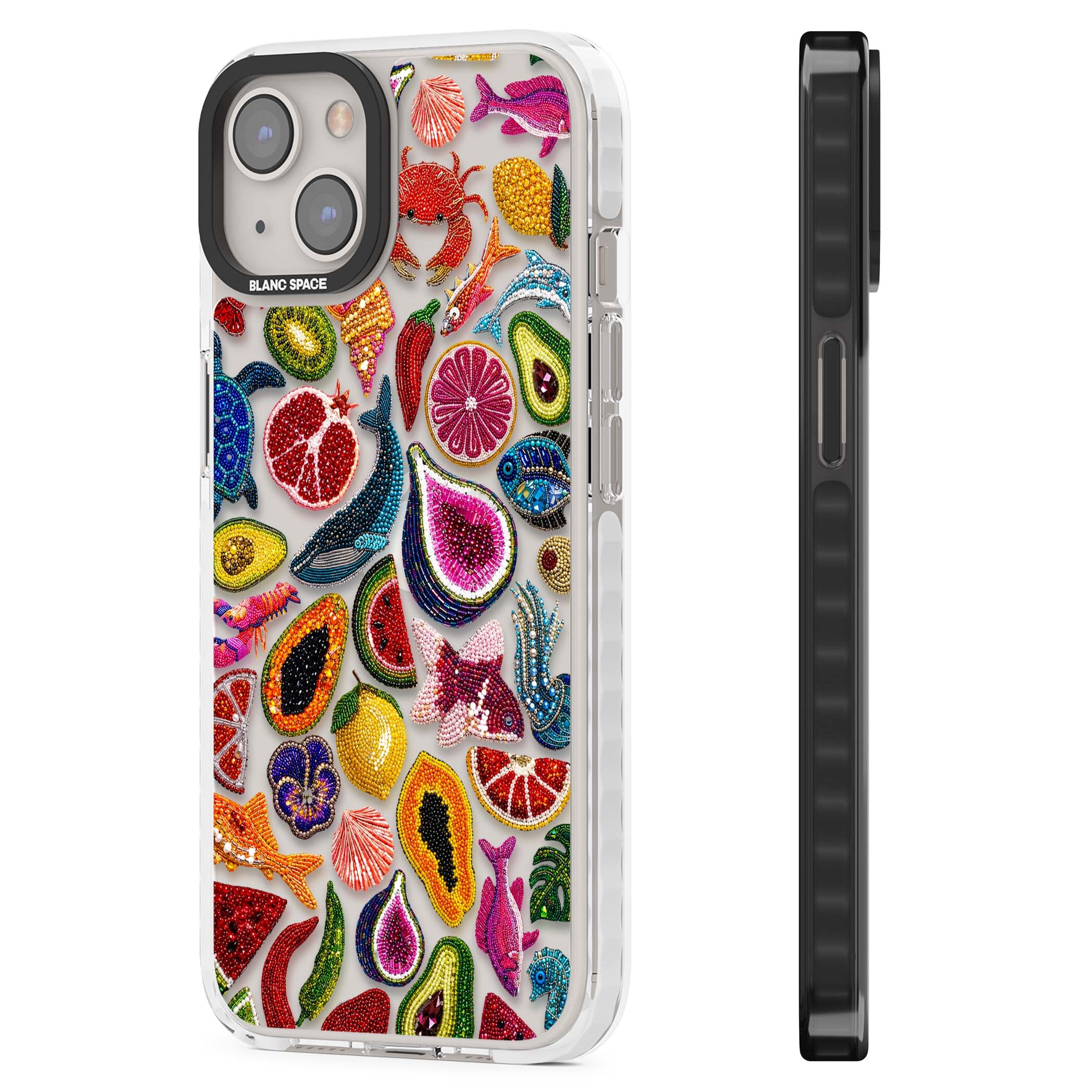 Beaded Tropic tropical iPhone case featuring beaded fruit, fish, crabs and seashells in vibrant colour | Clear Impact case for iPhone 13, iPhone 14, iPhone 15