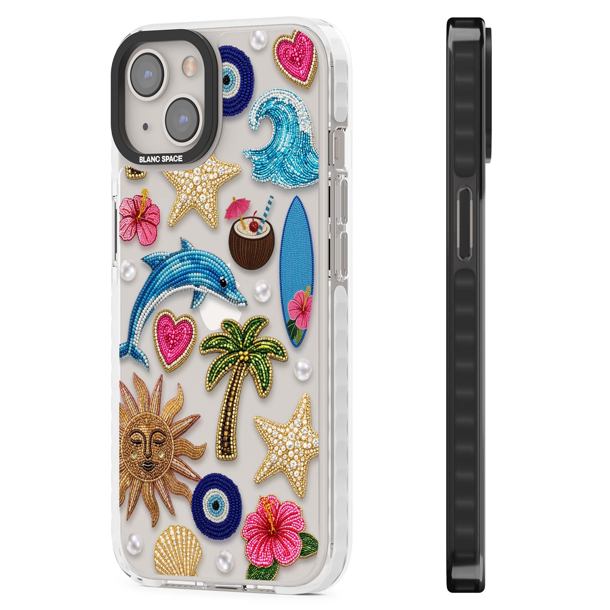 Beaded Beach coastal summer iPhone case featuring embroidered evil eye, hibiscus flowers, dolphin and palm tree patches | Clear Impact case for iPhone 13, iPhone 14, iPhone 15