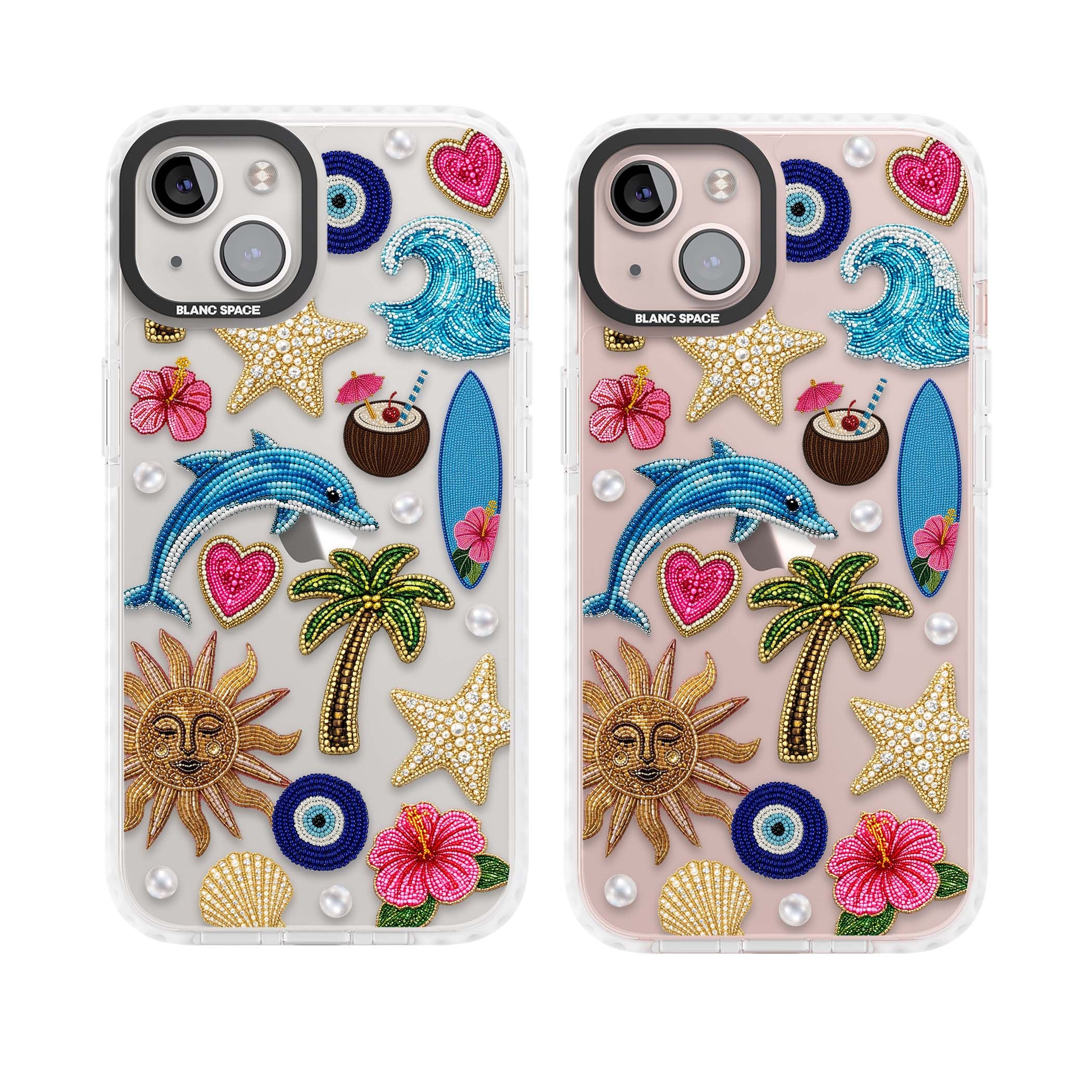 Beaded Beach coastal summer iPhone case featuring embroidered evil eye, hibiscus flowers, dolphin and palm tree patches | Clear Impact case for iPhone 13, iPhone 14, iPhone 15