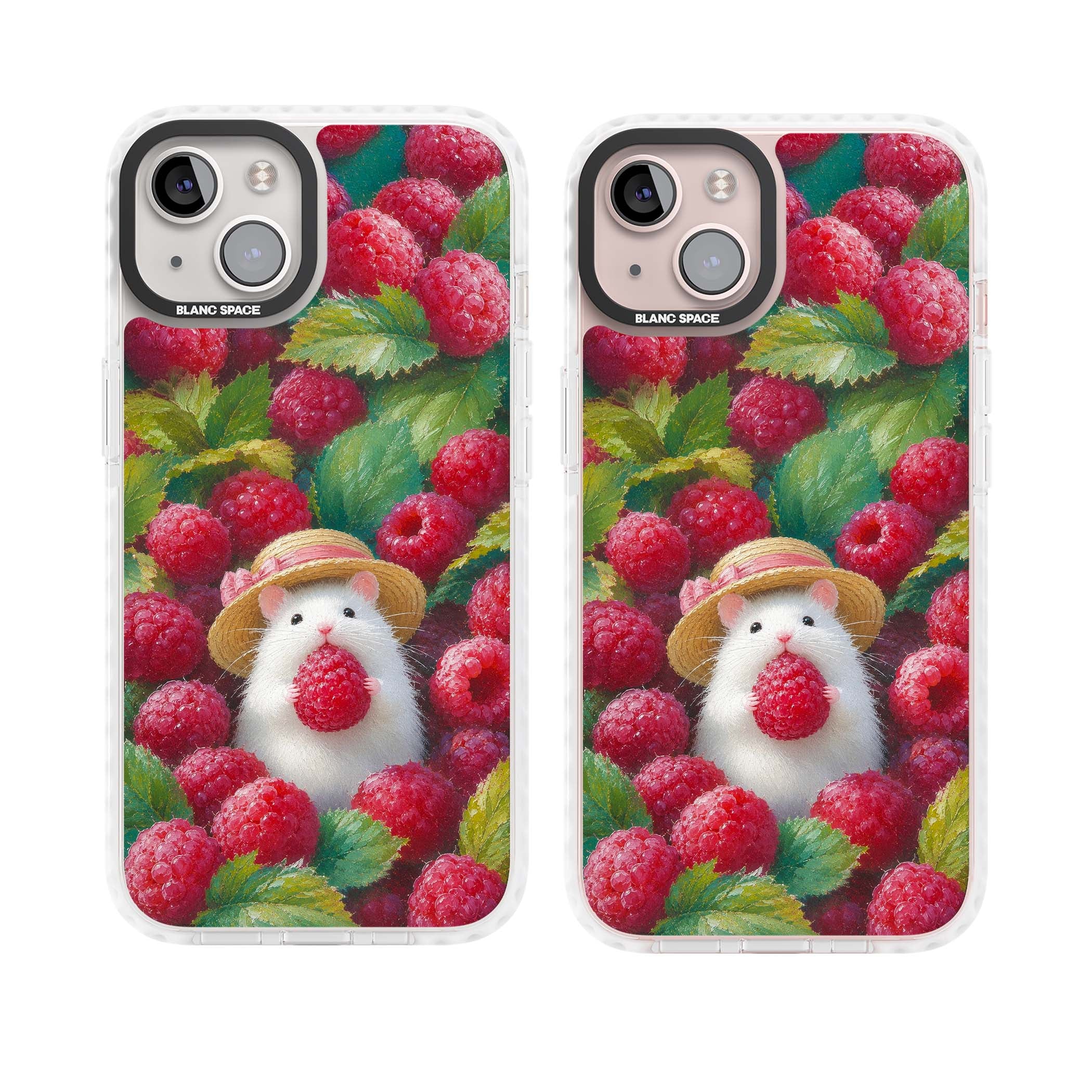 Berry Forager cottagecore iPhone case featuring a white hamster in a straw hat holding a raspberry surrounded by ripe ber | Clear Impact case for iPhone 13, iPhone 14, iPhone 15