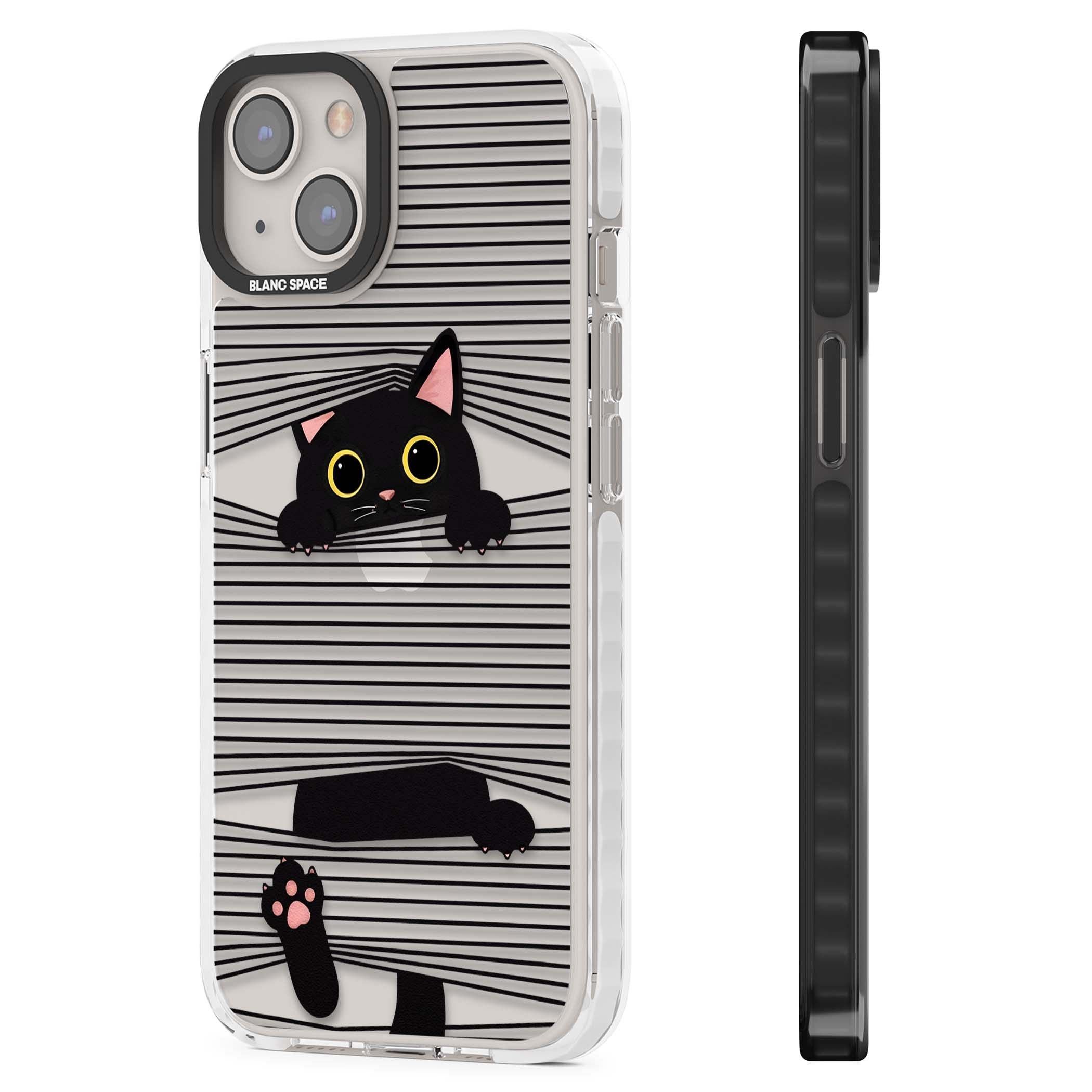 Peek-a-Boo Cat minimal iPhone case featuring black cat peeking through horizontal black and white stripes | Clear Impact case for iPhone 13, iPhone 14, iPhone 15