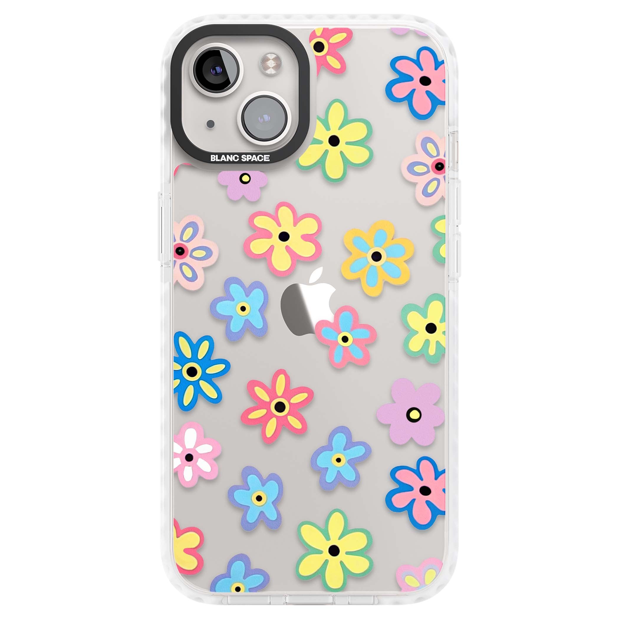 Bloom Pop cottagecore iPhone case featuring multicolor pastel flowers with black centers on clear background | Clear Impact case for iPhone 13, iPhone 14, iPhone 15